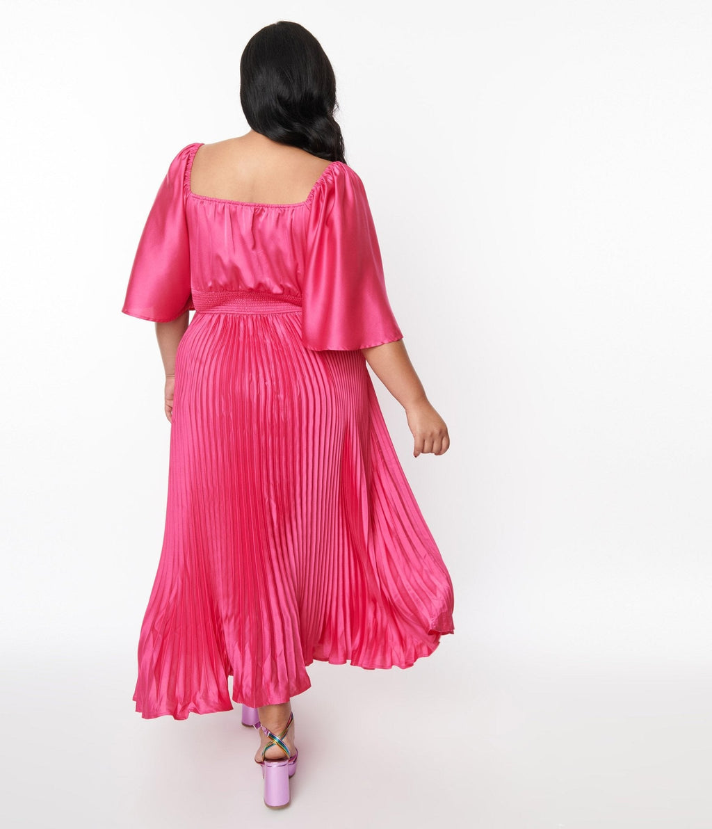  Plus Size Fuchsia Pleated Satin Maxi Dress