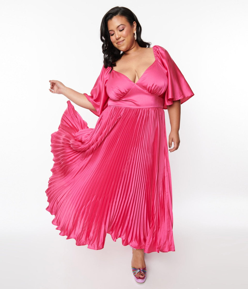  Plus Size Fuchsia Pleated Satin Maxi Dress