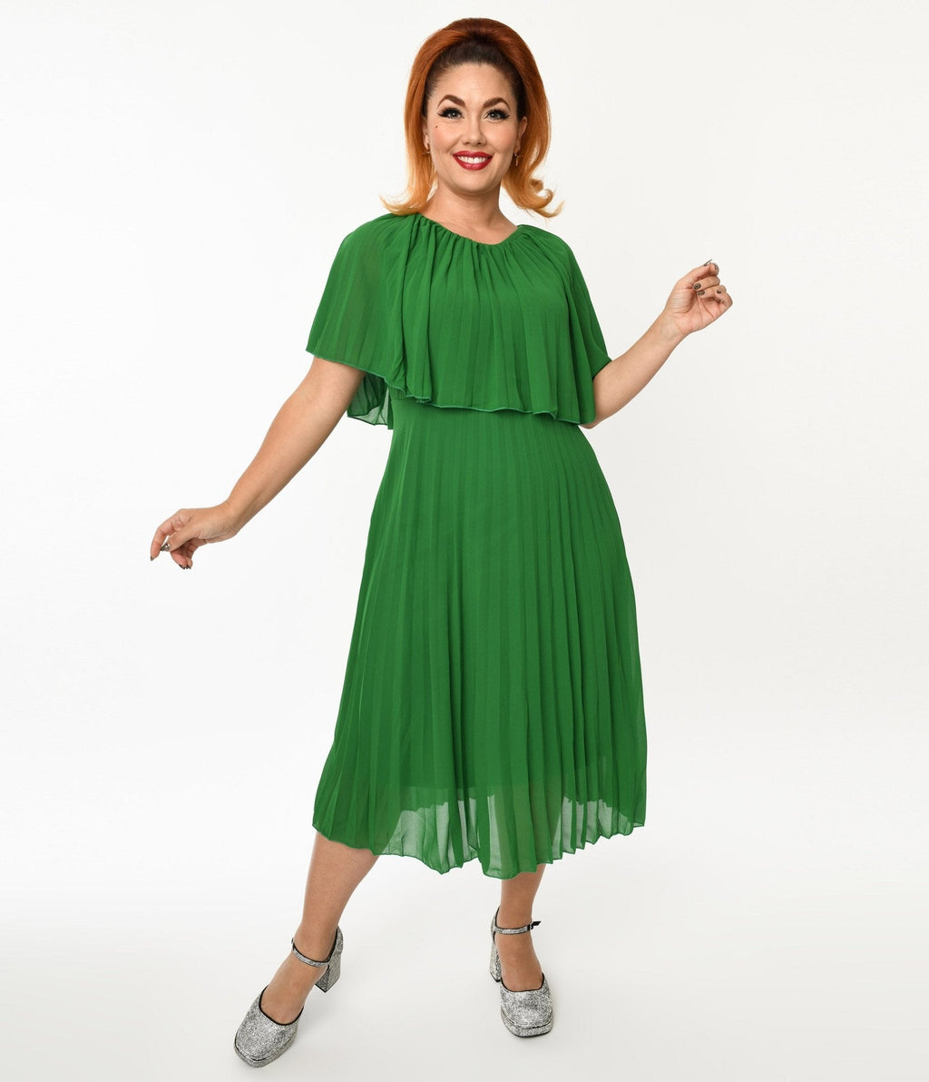  Plus Size Green Pleated Midi Dress