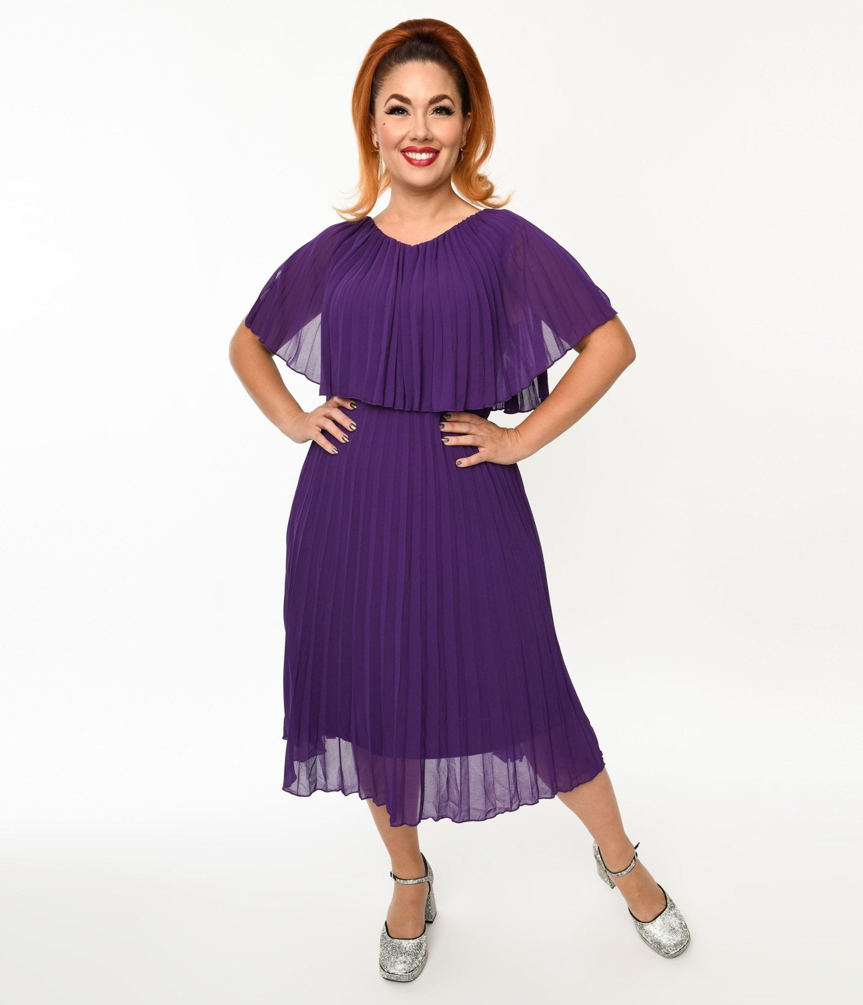  Plus Size Royal Purple Pleated Midi Dress