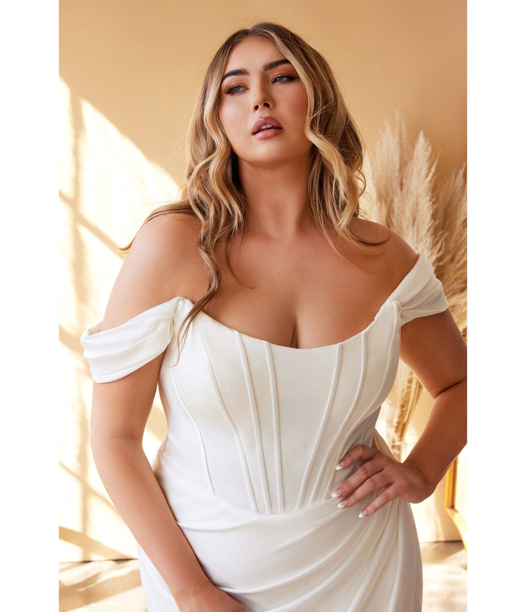  Cinderella Divine Plus Size White Off The Shoulder Corset Satin Bridal Gown