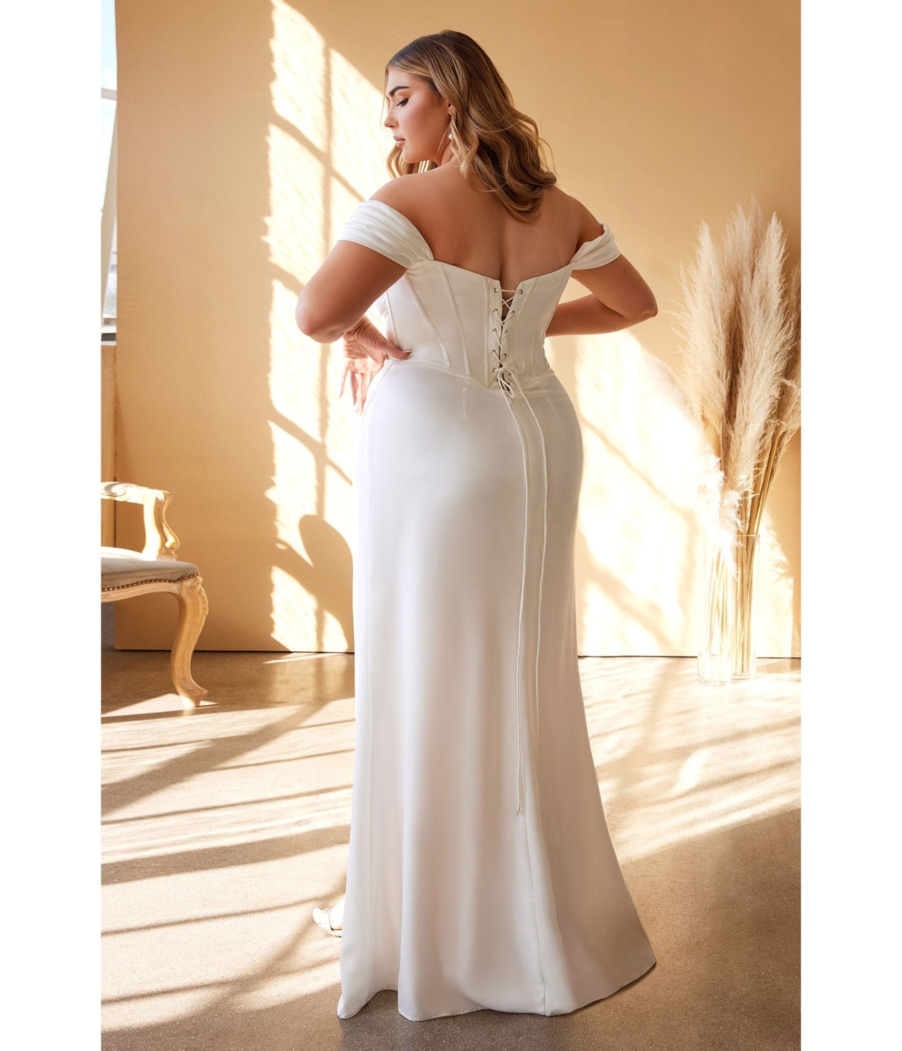  Cinderella Divine Plus Size White Off The Shoulder Corset Satin Bridal Gown