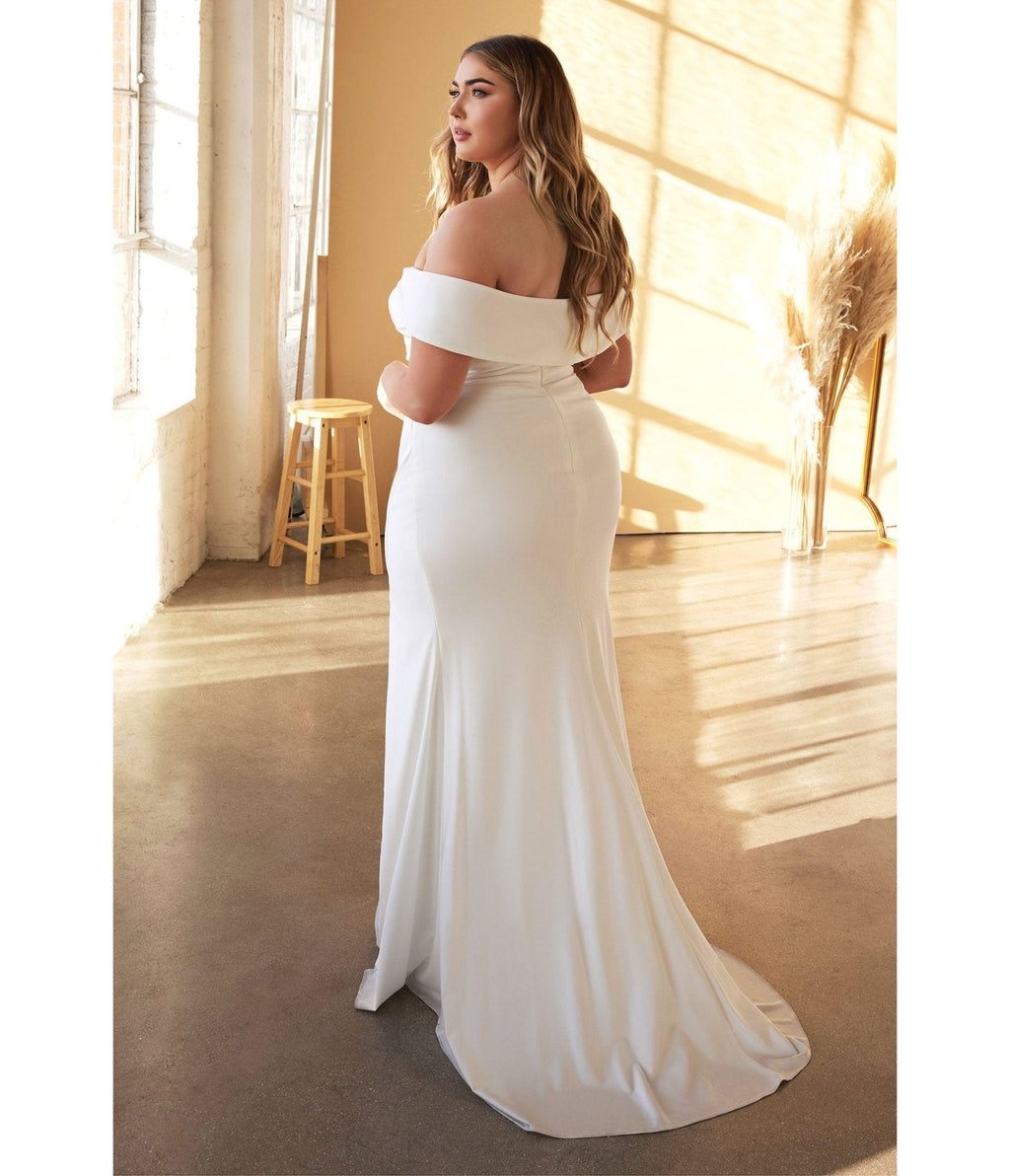  Cinderella Divine Plus Size White Off The Shoulder Jersey Bridal Gown