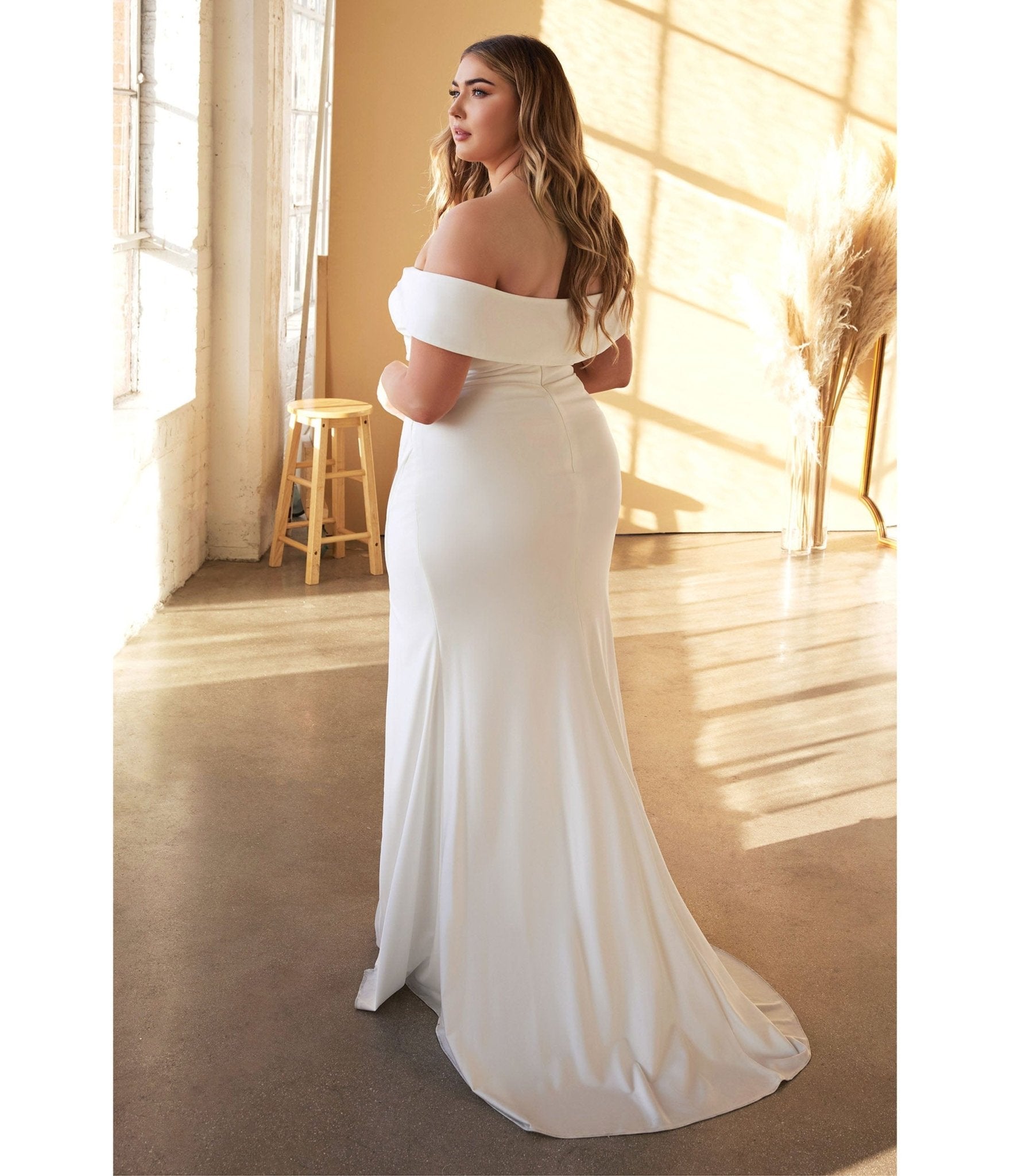  Cinderella Divine Plus Size White Off The Shoulder Jersey Bridal Gown