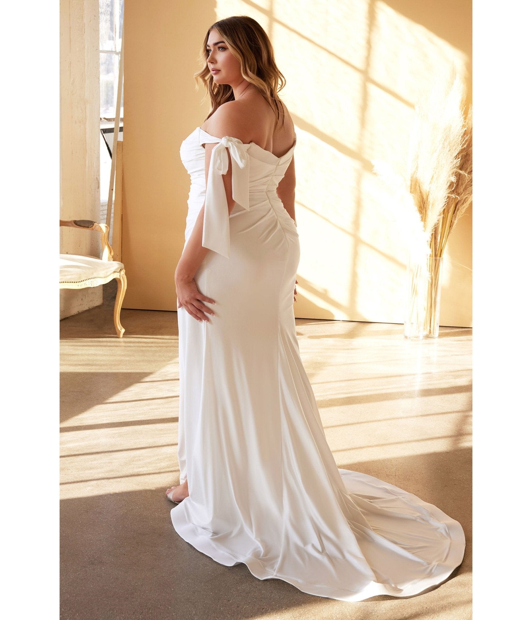  Cinderella Divine Plus Size White Off The Shoulder Trumpet Bridal Gown