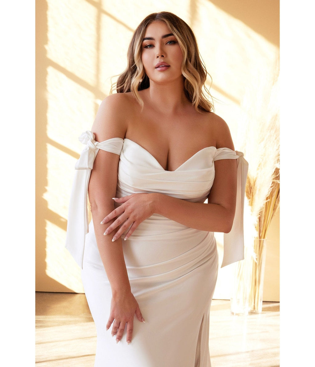  Cinderella Divine Plus Size White Off The Shoulder Trumpet Bridal Gown