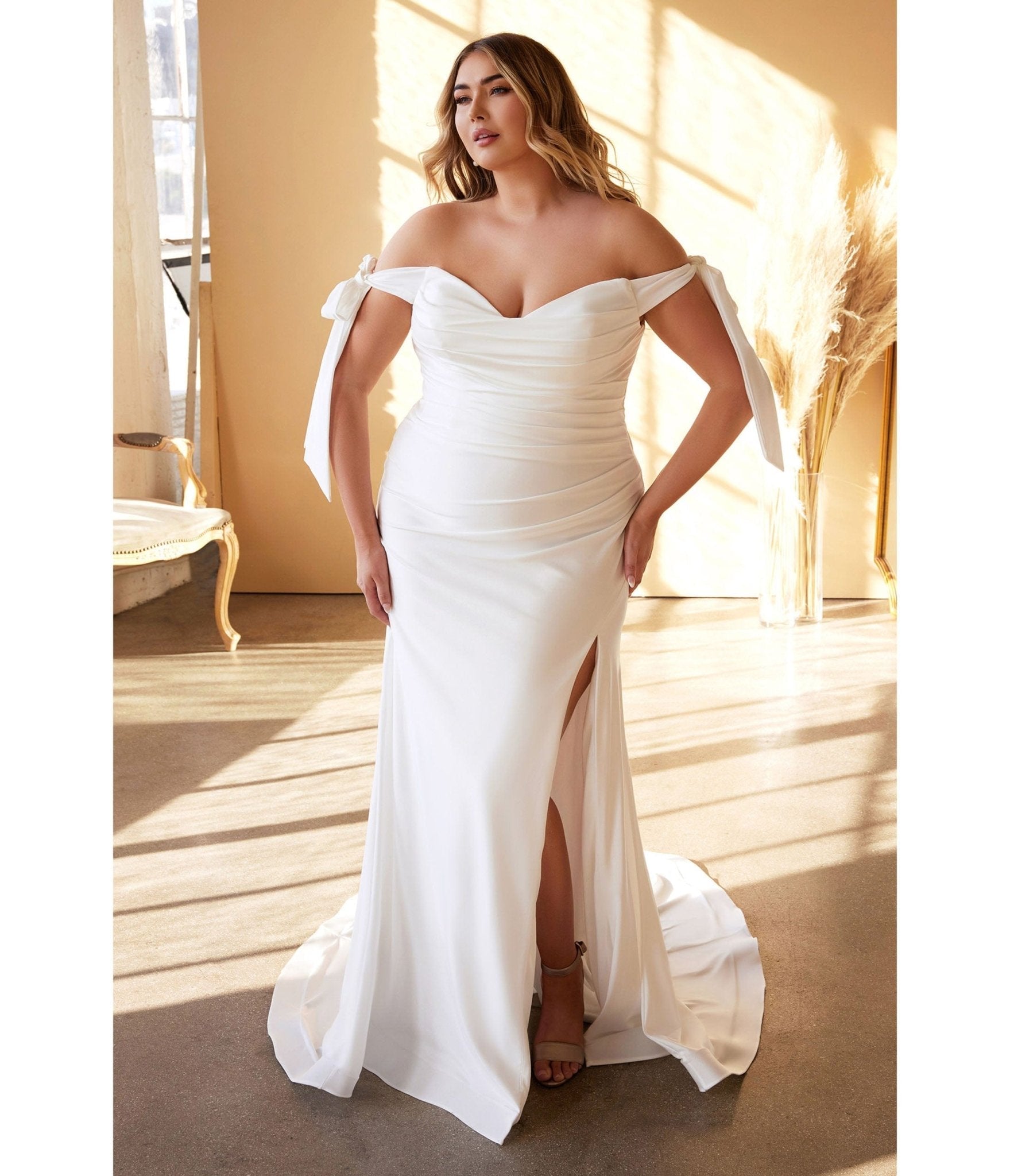  Cinderella Divine Plus Size White Off The Shoulder Trumpet Bridal Gown