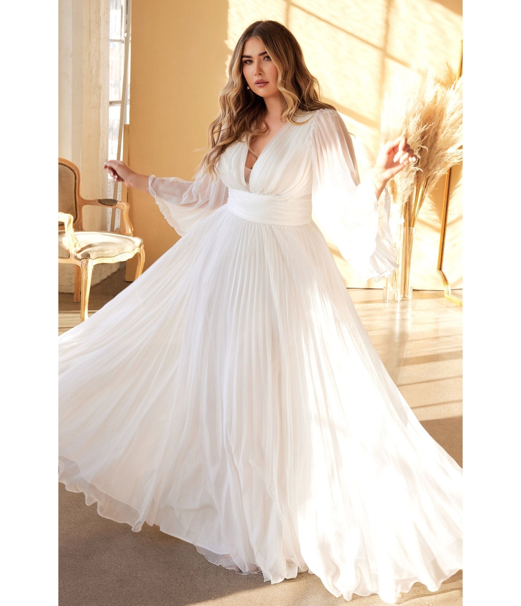  Cinderella Divine Plus Size White Pleated Bridal Dress