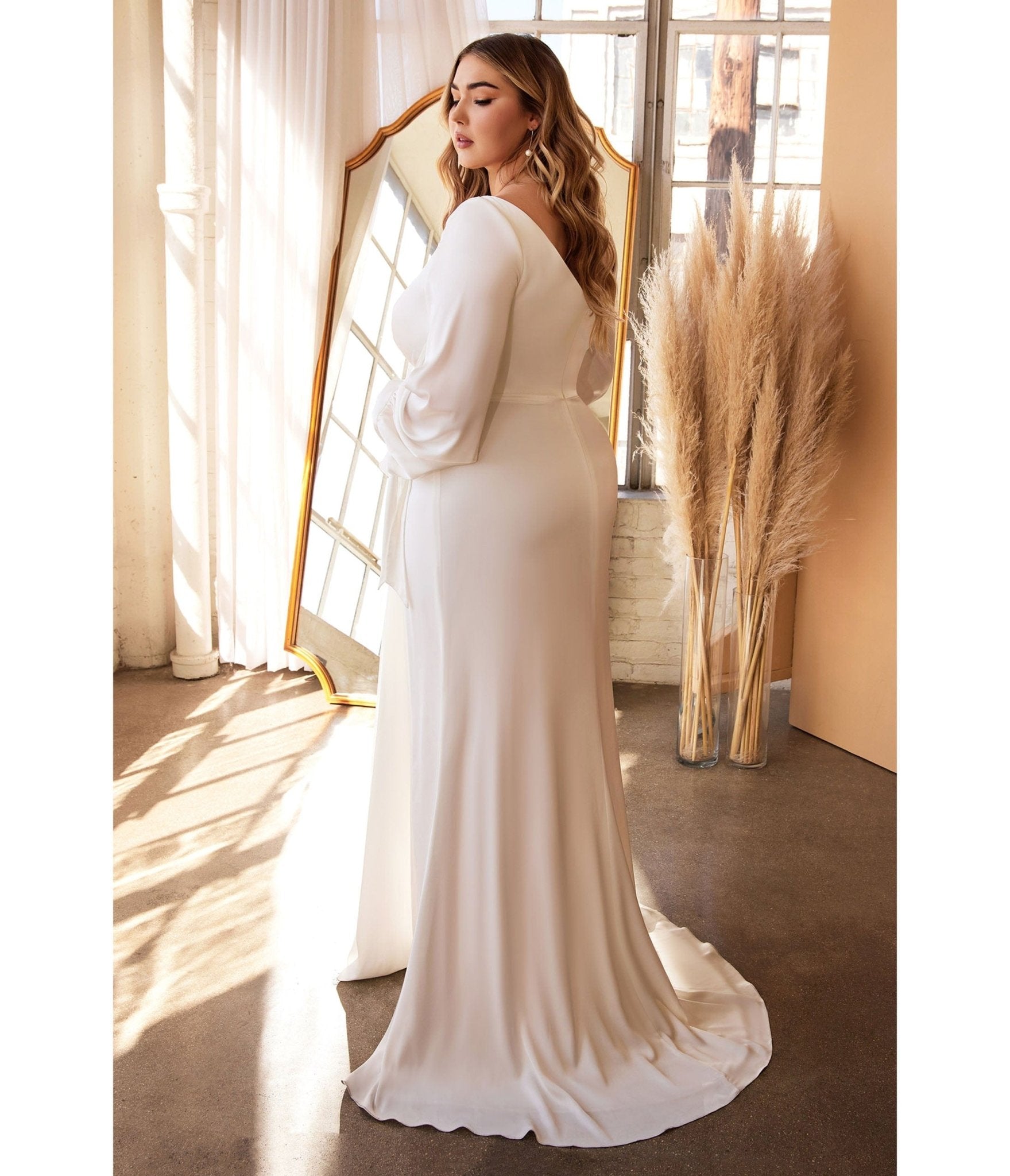  Cinderella Divine Plus Size White Portrait Satin Bridal Gown