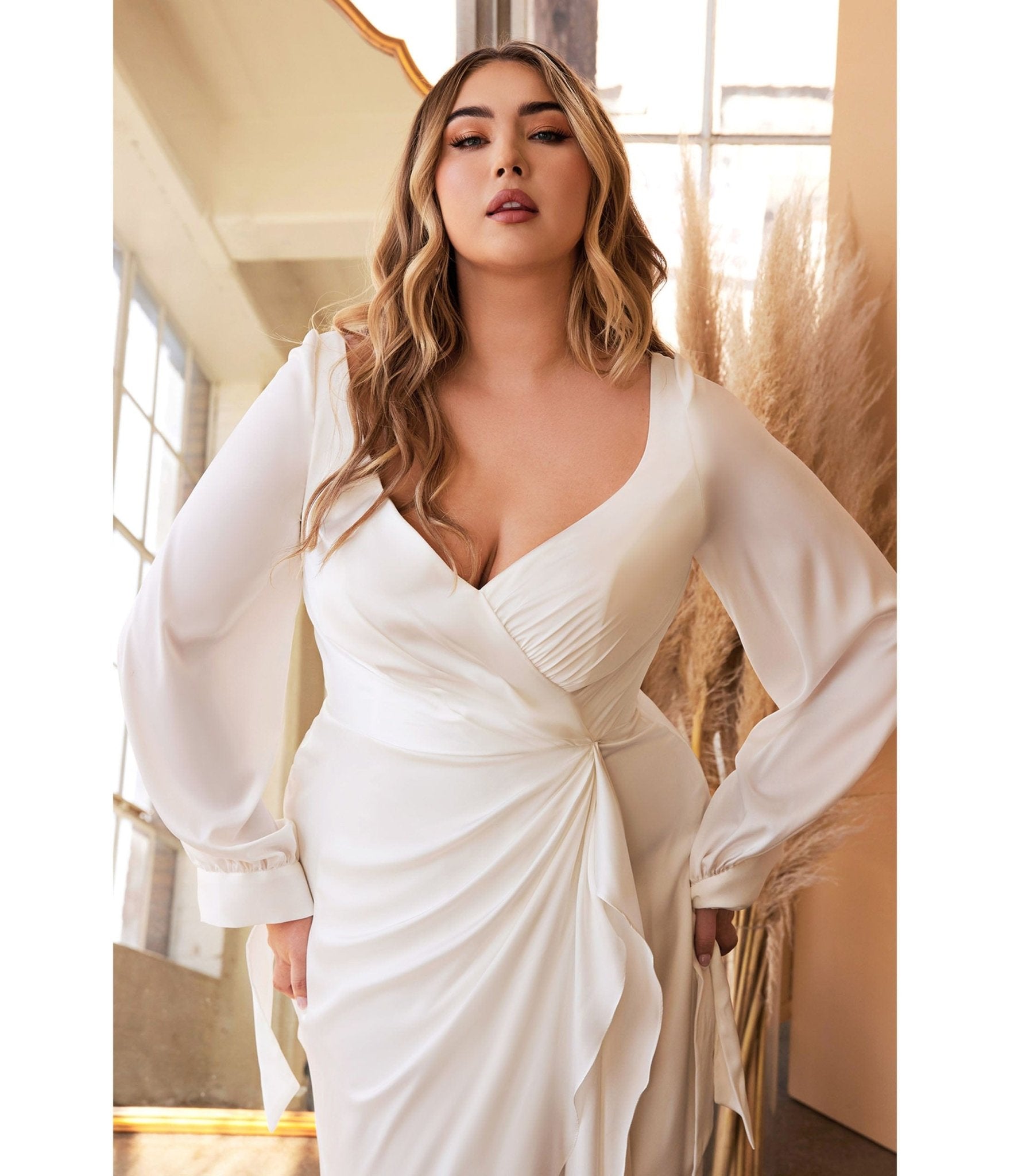  Cinderella Divine Plus Size White Portrait Satin Bridal Gown
