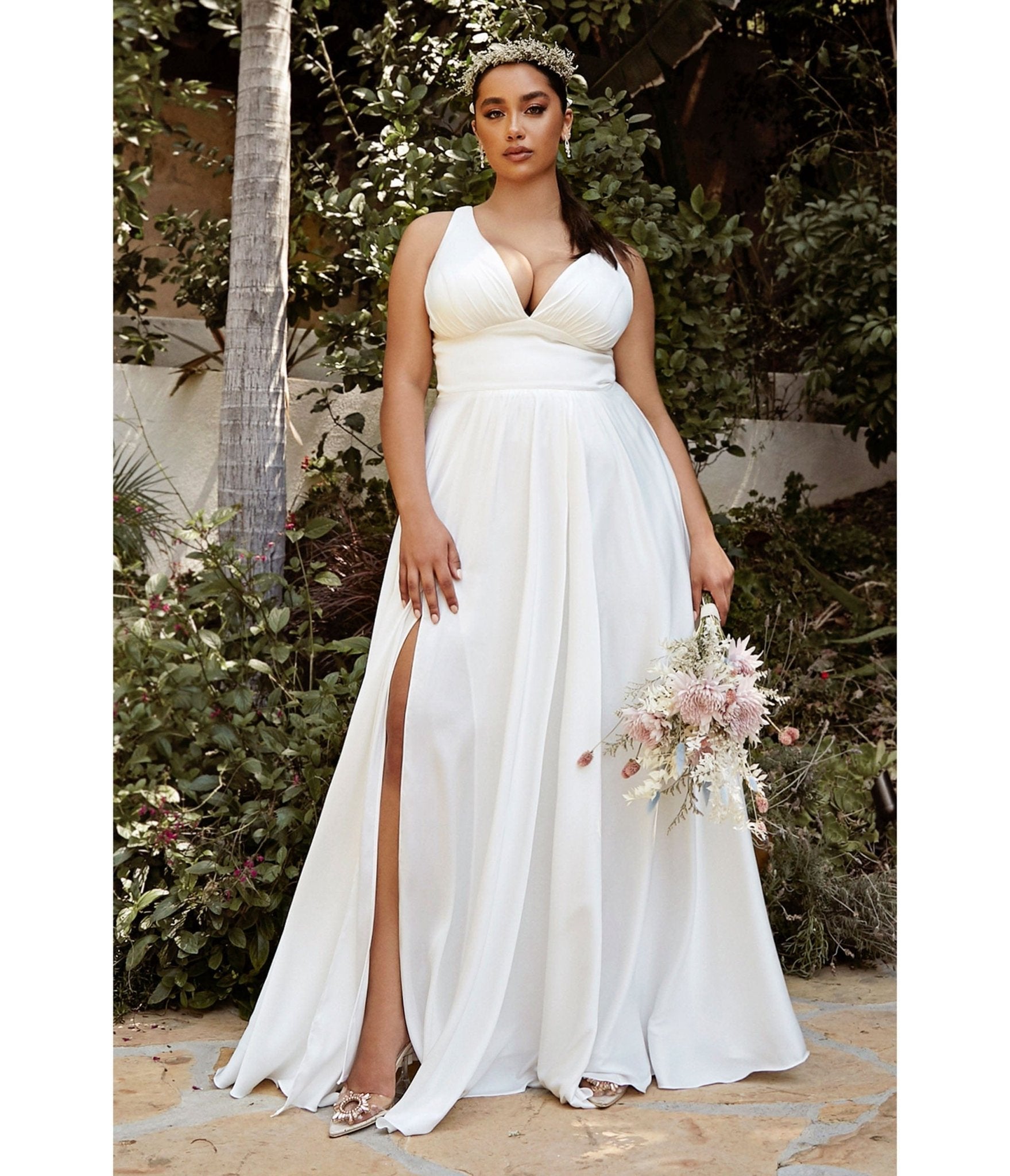  Cinderella Divine Plus Size White Satin A Line Bridal Gown