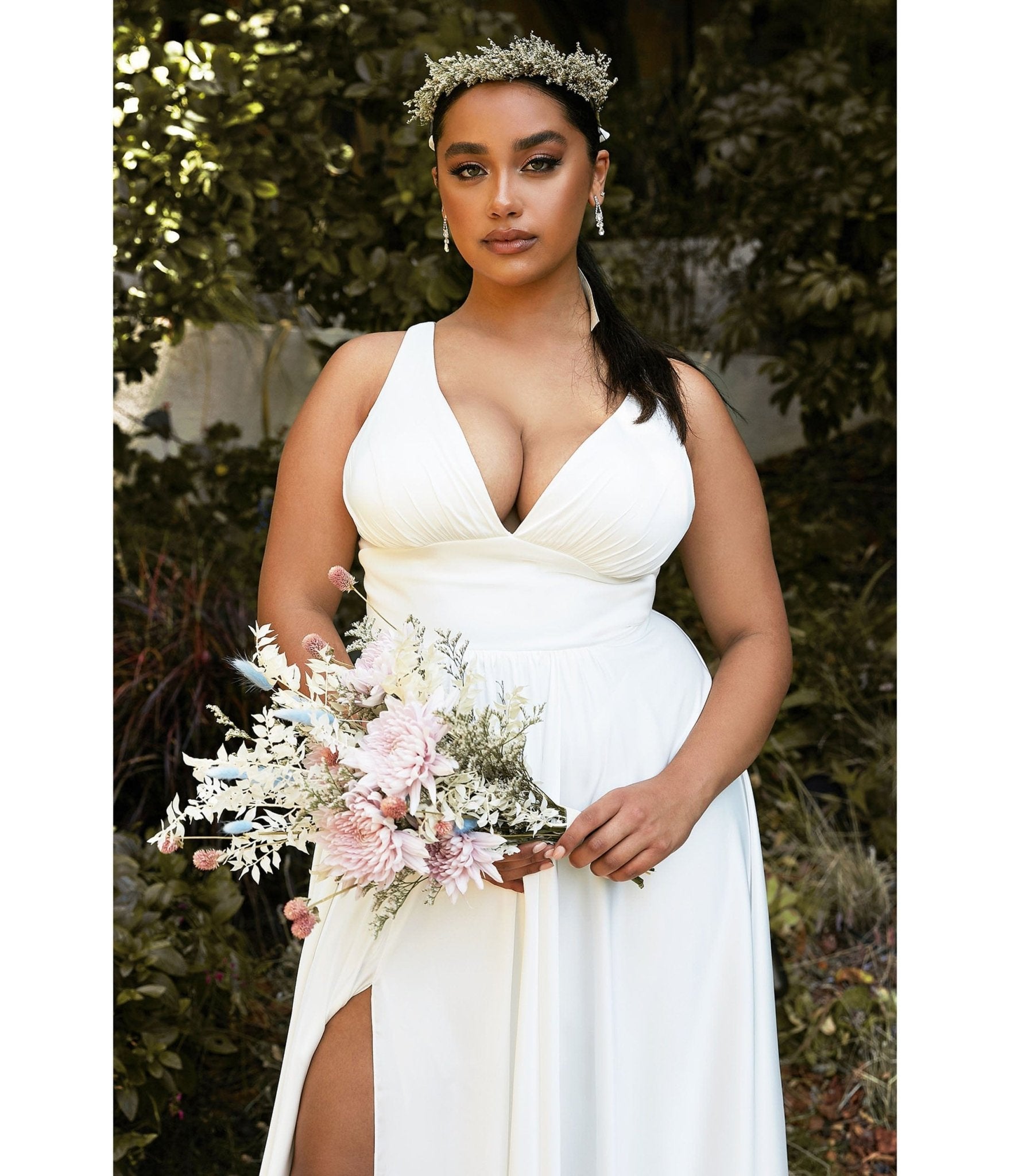  Cinderella Divine Plus Size White Satin A Line Bridal Gown