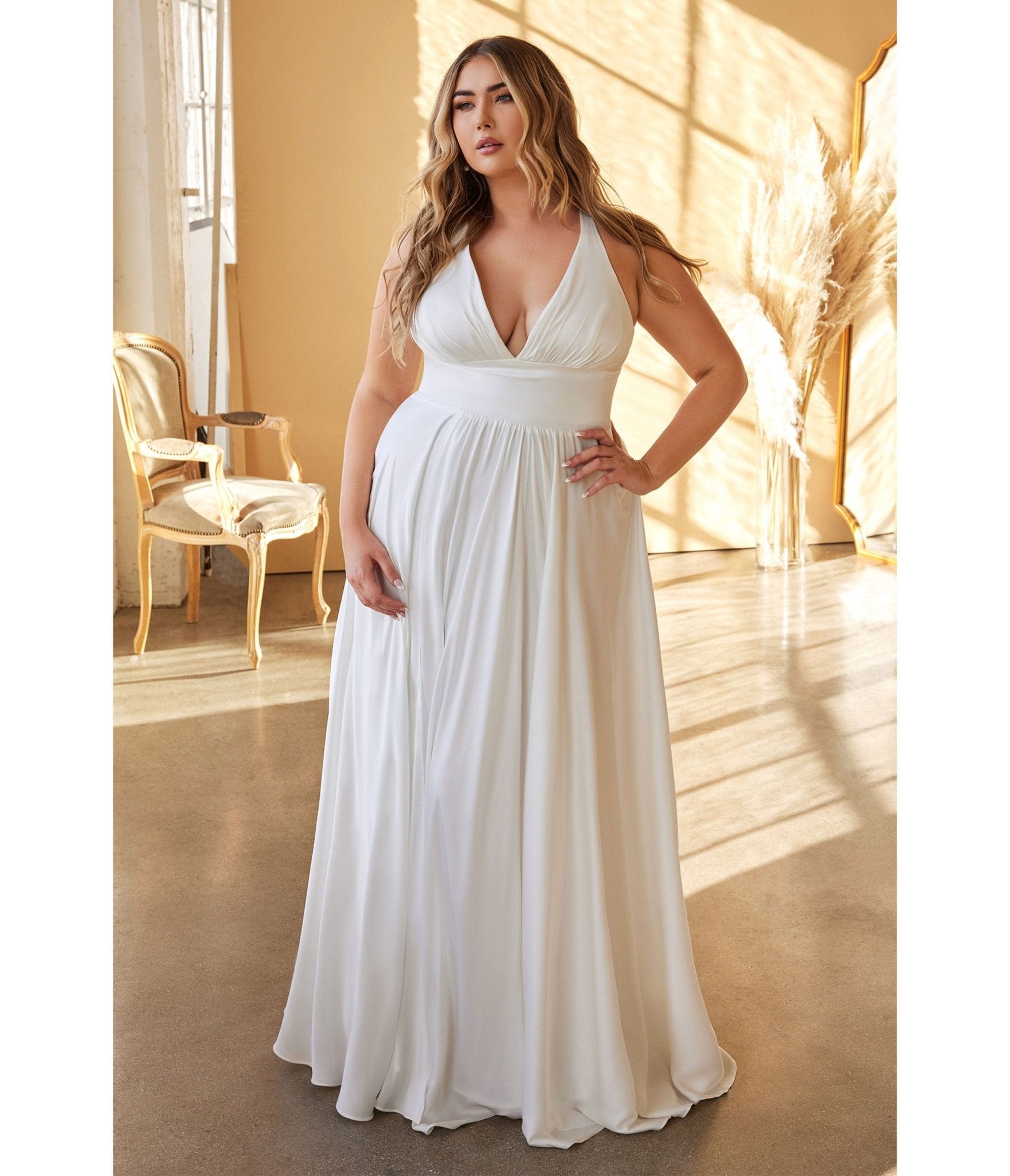  Cinderella Divine Plus Size White Satin A Line Bridal Gown