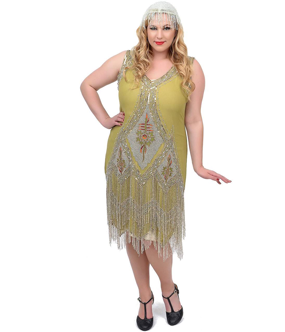  Unique Vintage Plus Size 1920s Green & Silver Embroidered Somerset Flapper Dress