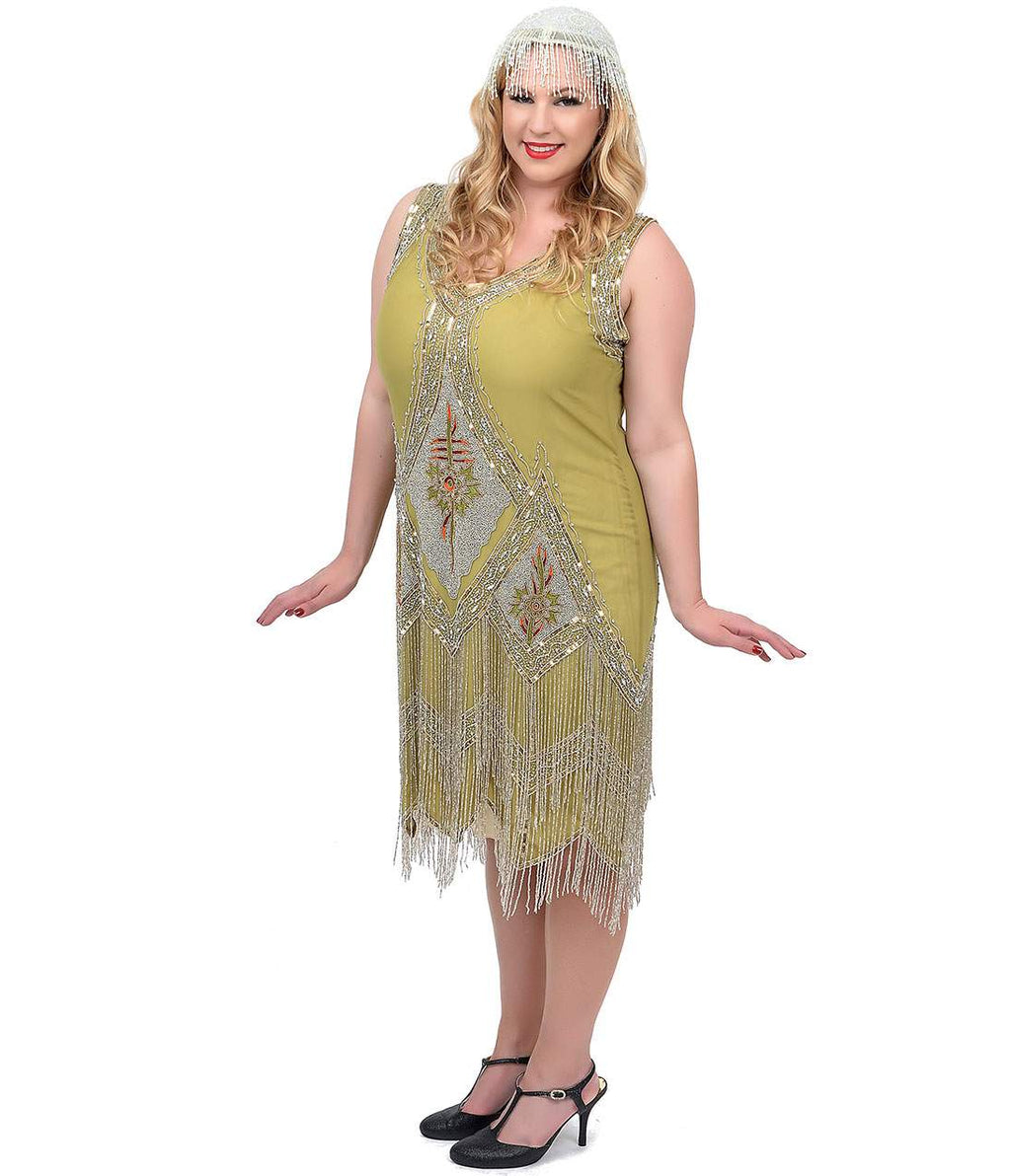  Unique Vintage Plus Size 1920s Green & Silver Embroidered Somerset Flapper Dress