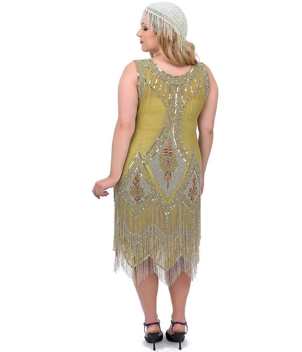  Unique Vintage Plus Size 1920s Green & Silver Embroidered Somerset Flapper Dress