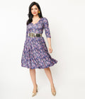  Purple Dragonfly Floral Print Fit & Flare Billie Dress