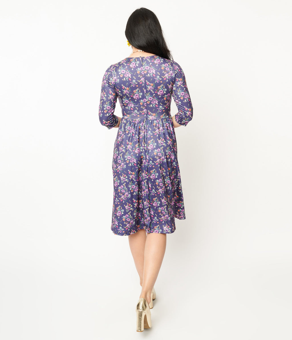  Purple Dragonfly Floral Print Fit & Flare Billie Dress