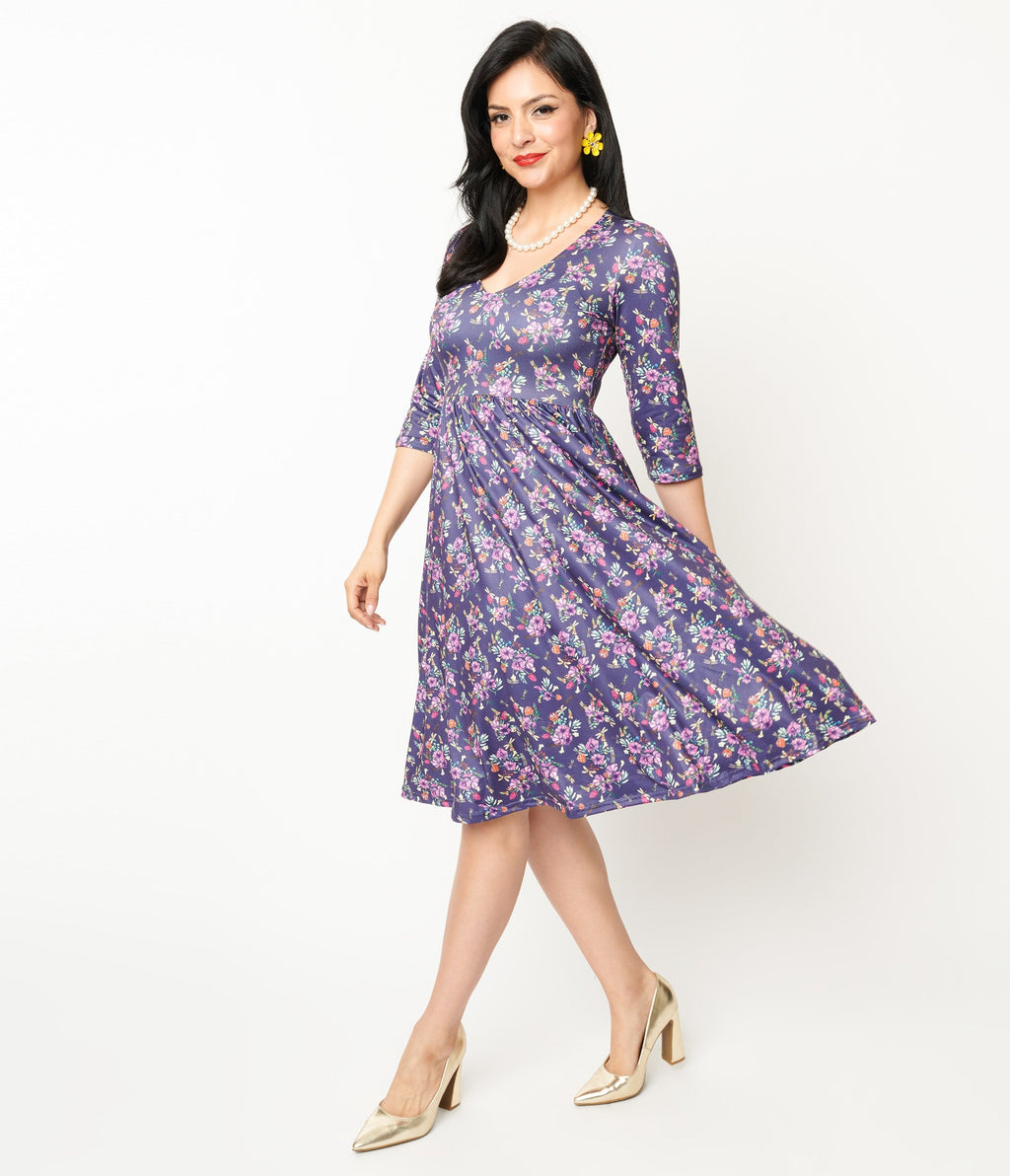  Purple Dragonfly Floral Print Fit & Flare Billie Dress