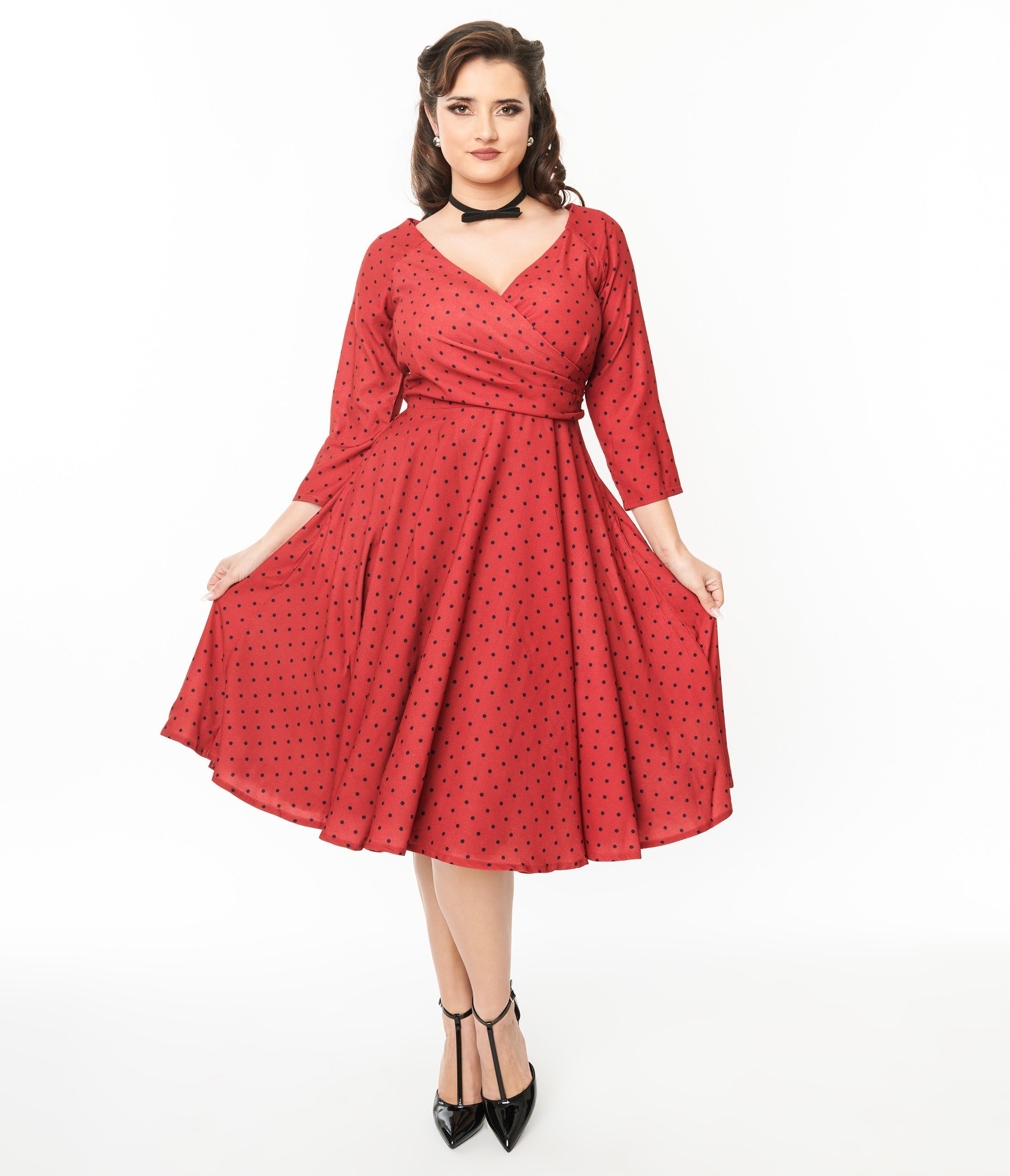  Red & Black Polka Dot Genevieve Swing Dress
