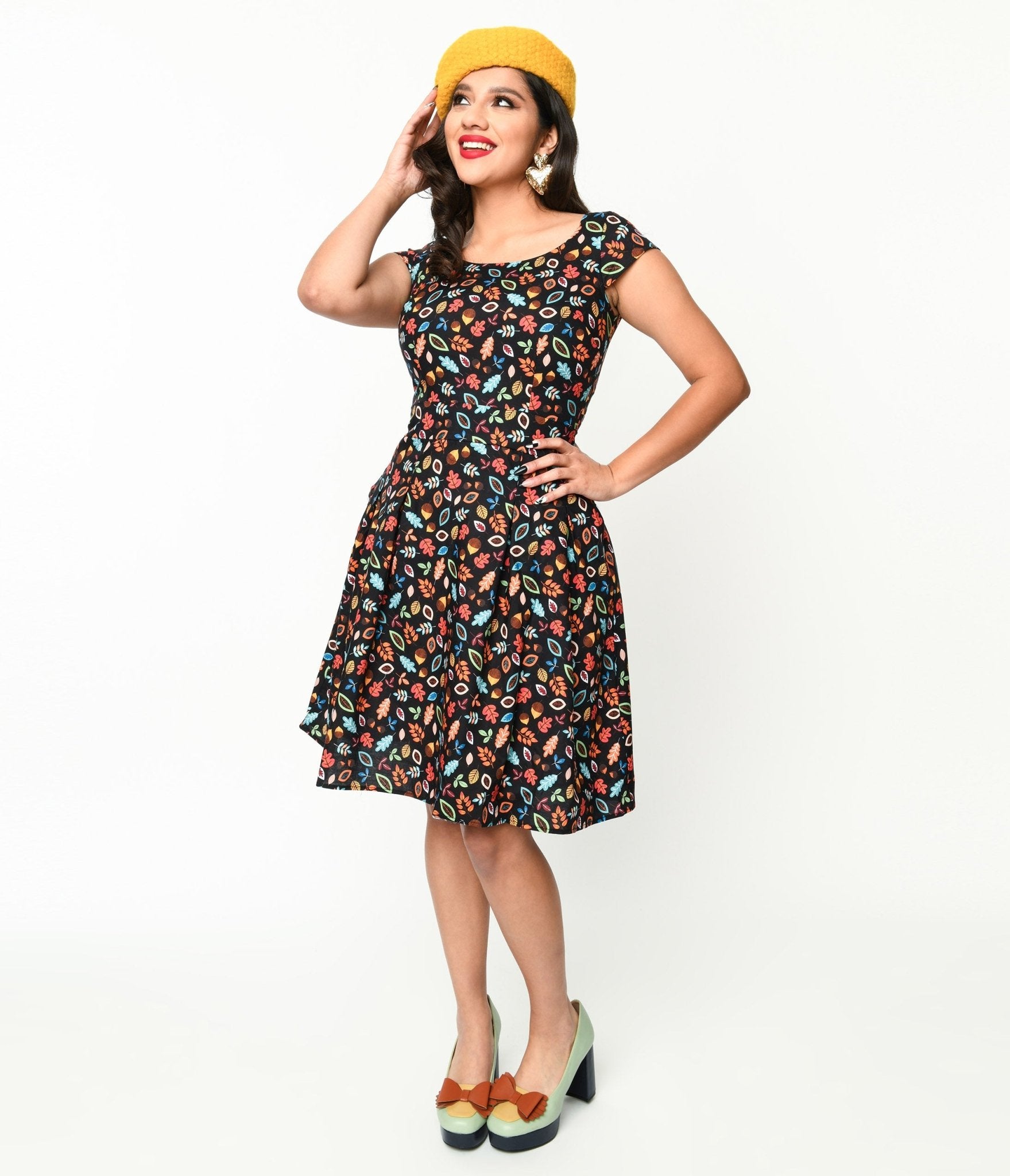  Retrolicious Black Leaves & Acorns Margaret Flare Dress