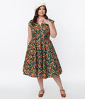  Retrolicious Black Mushroom & Foliage Greta Swing Dress