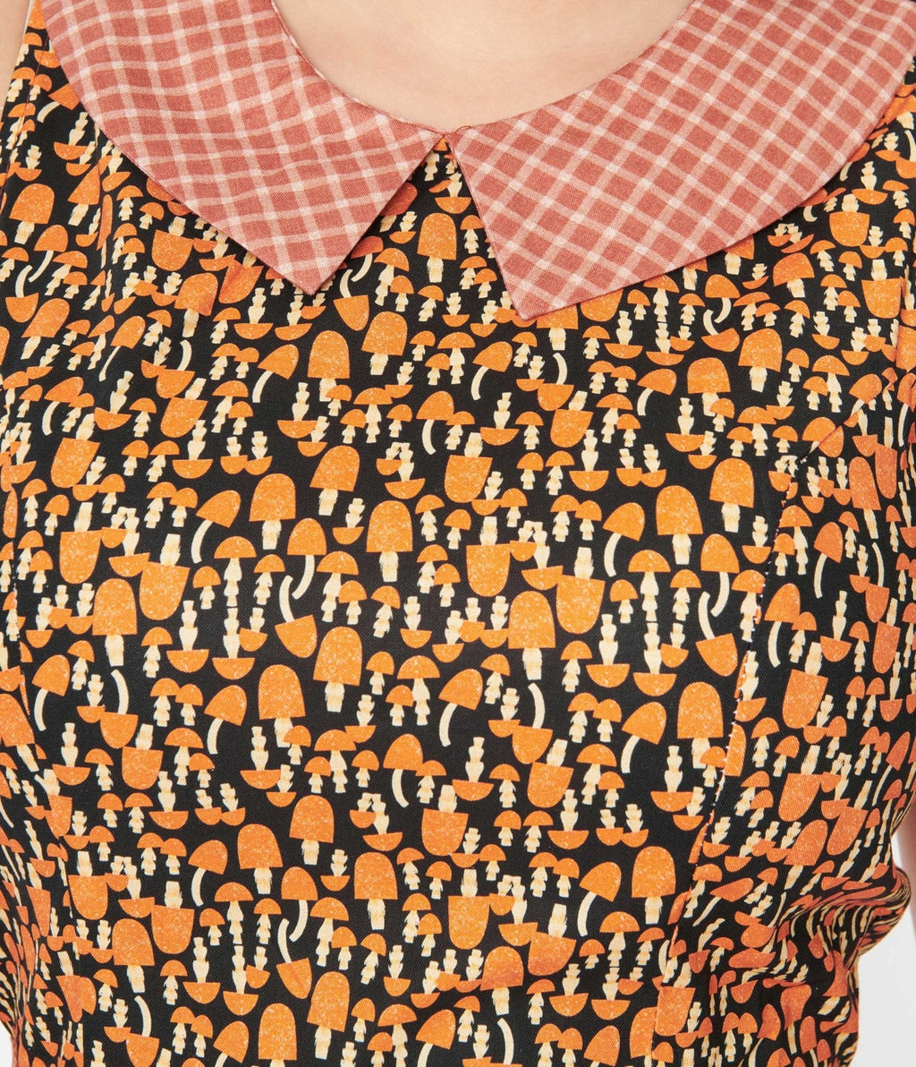  Retrolicious Black & Orange Mushroom Collared Fit & Flare Dress