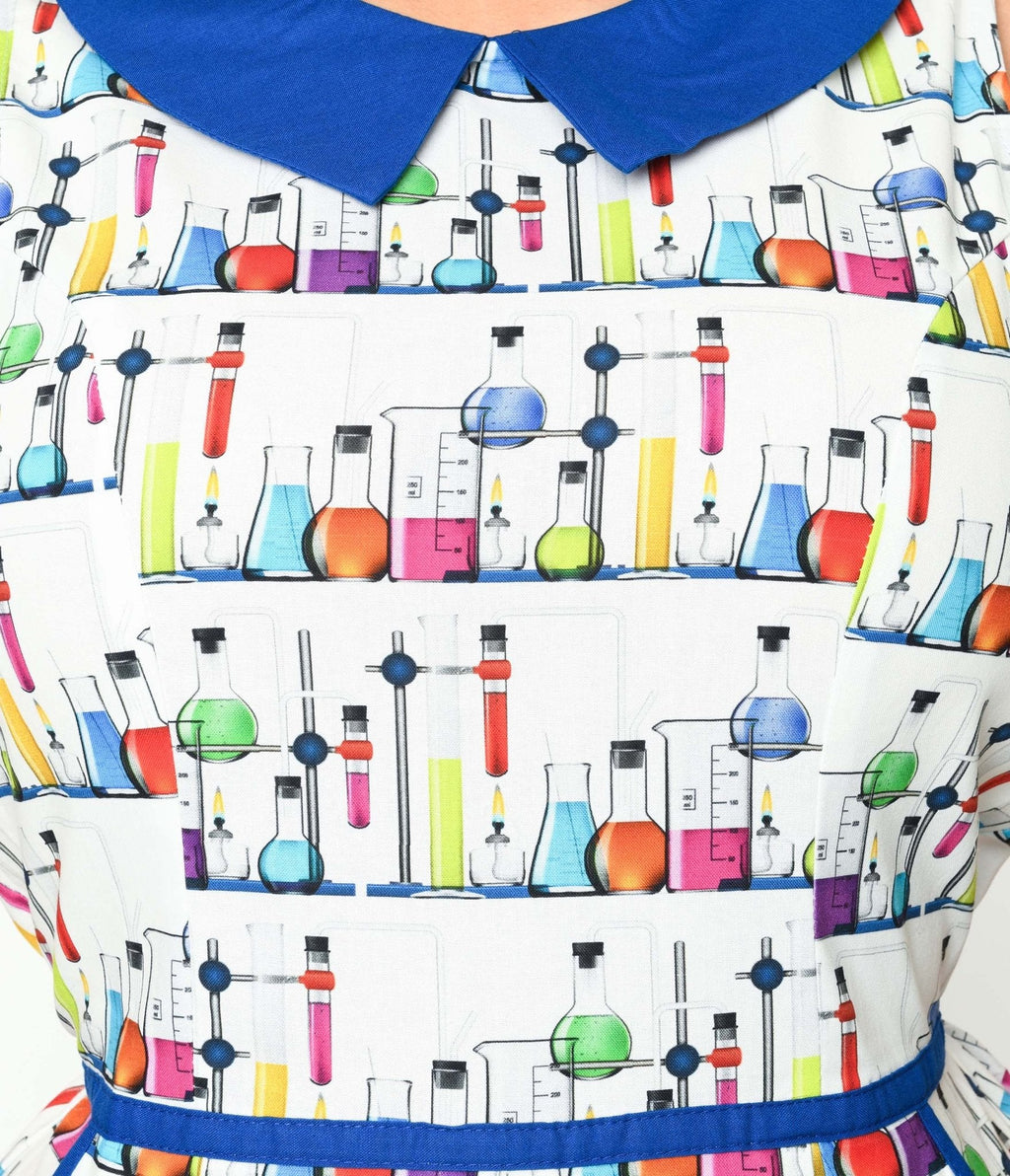  Retrolicious White & Blue Contrast Mad Scientist Fit & Flare Dress