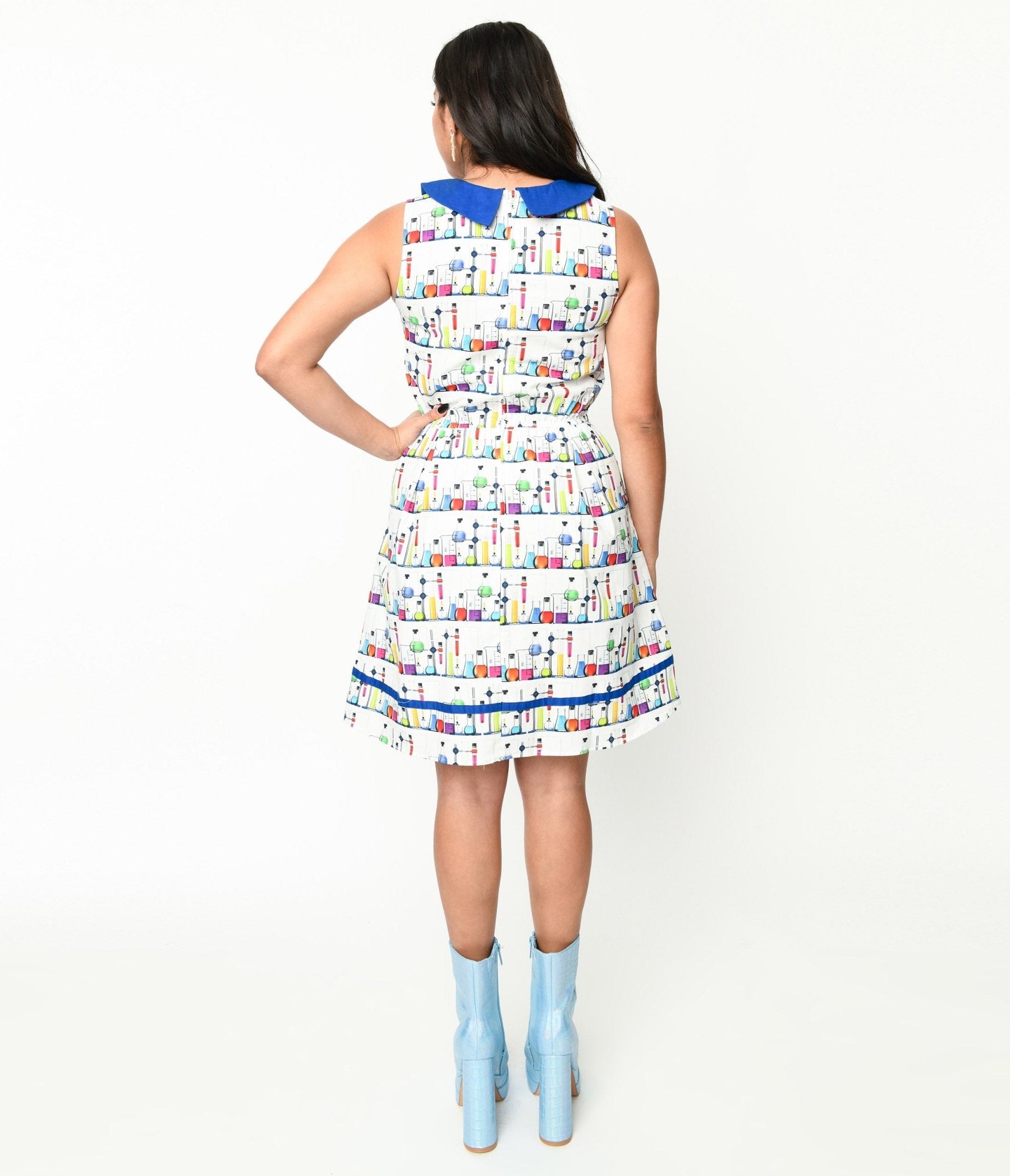 Retrolicious White & Blue Contrast Mad Scientist Fit & Flare Dress