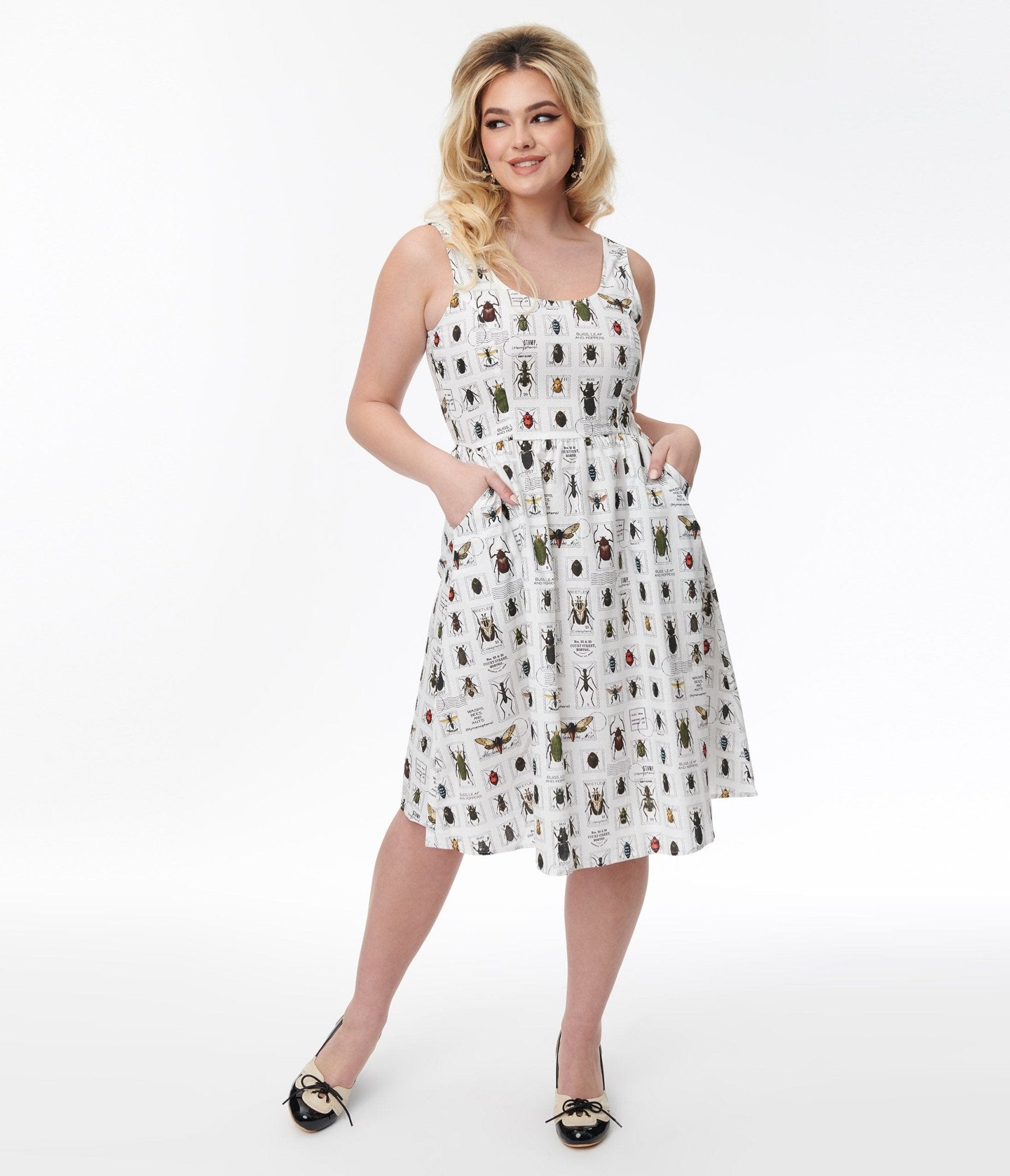  Retrolicious White & Bug Stamps Fit & Flare Dress