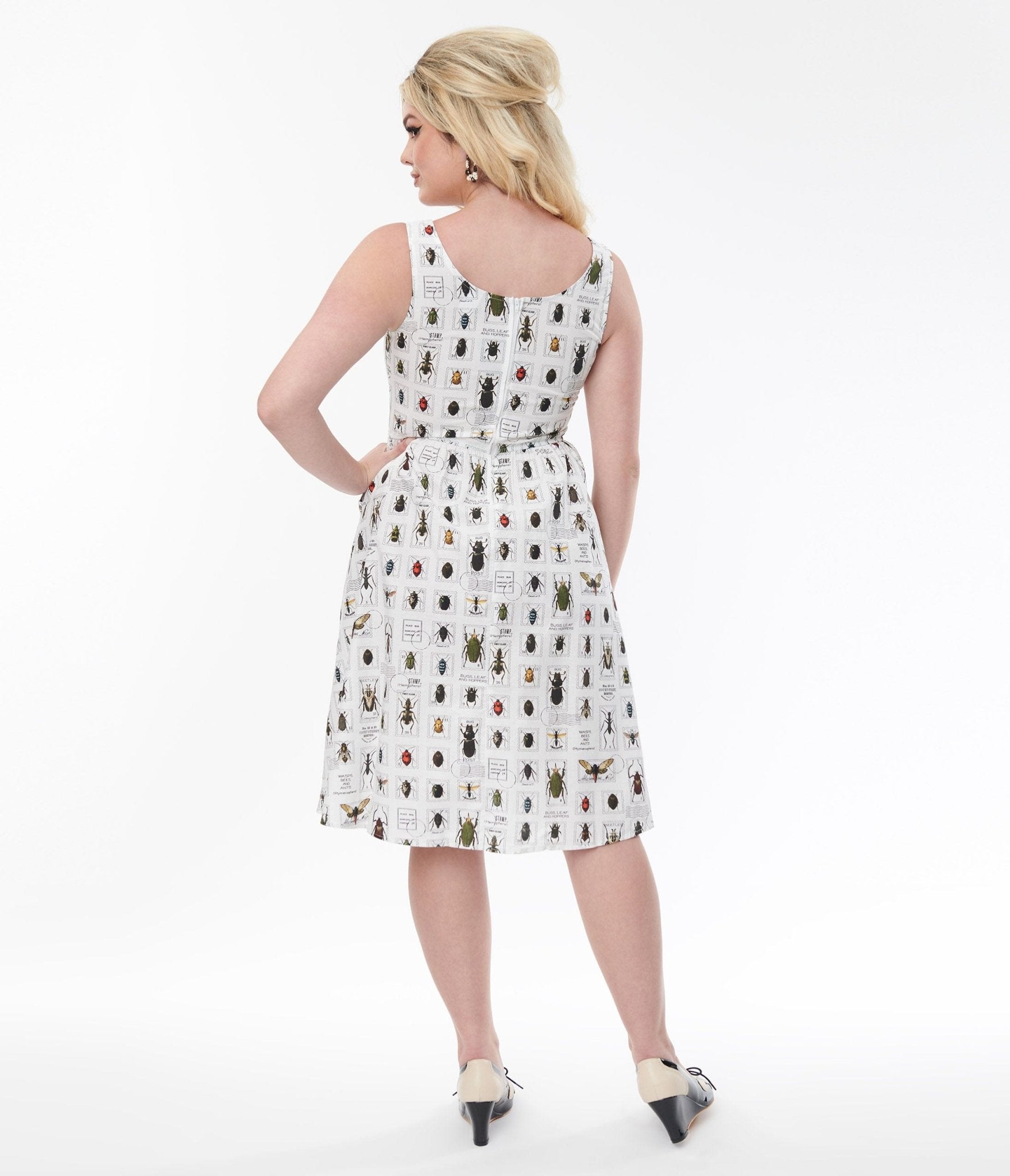  Retrolicious White & Bug Stamps Fit & Flare Dress