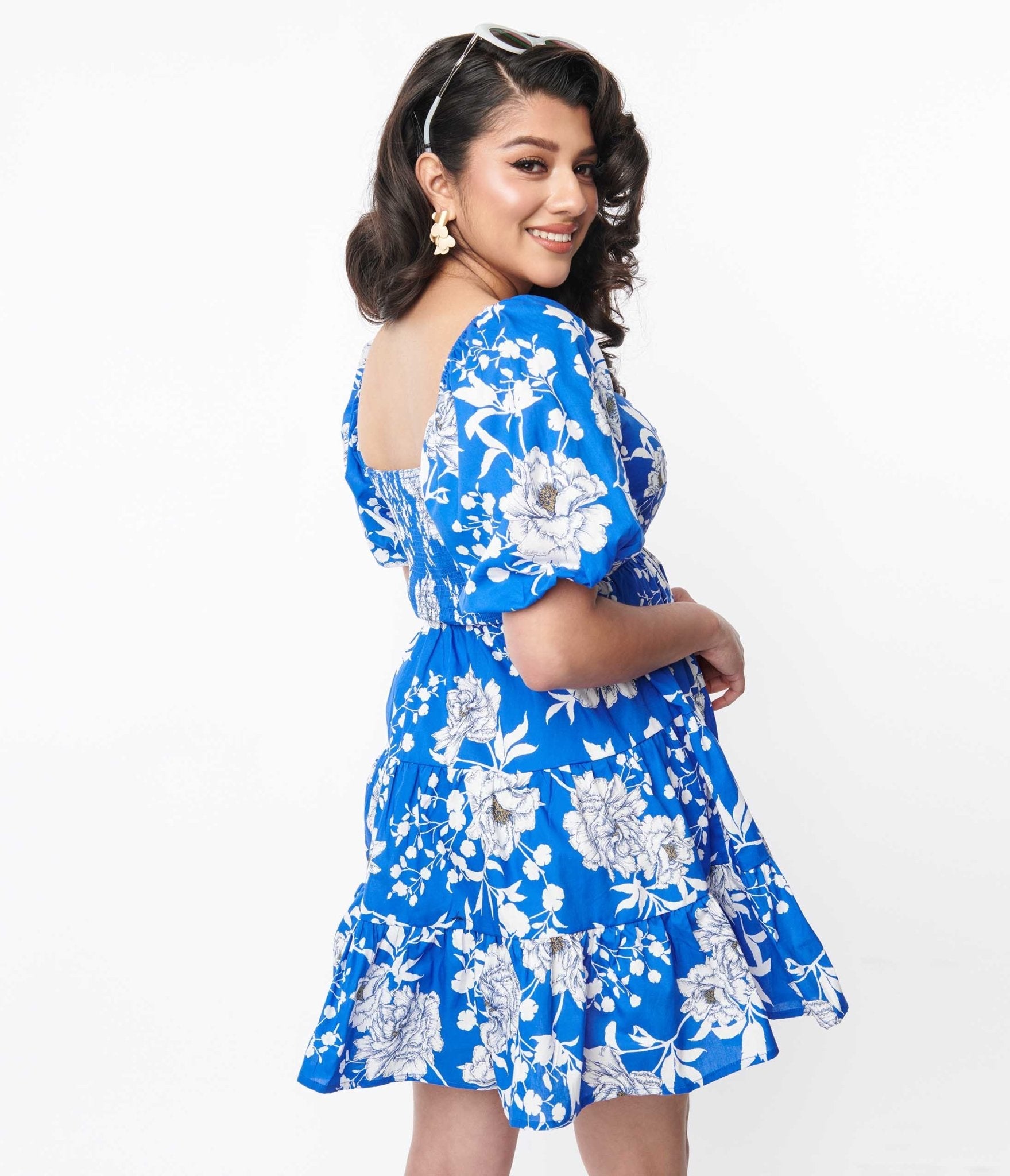  Royal Blue & White Floral Puff Sleeve Flare Dress