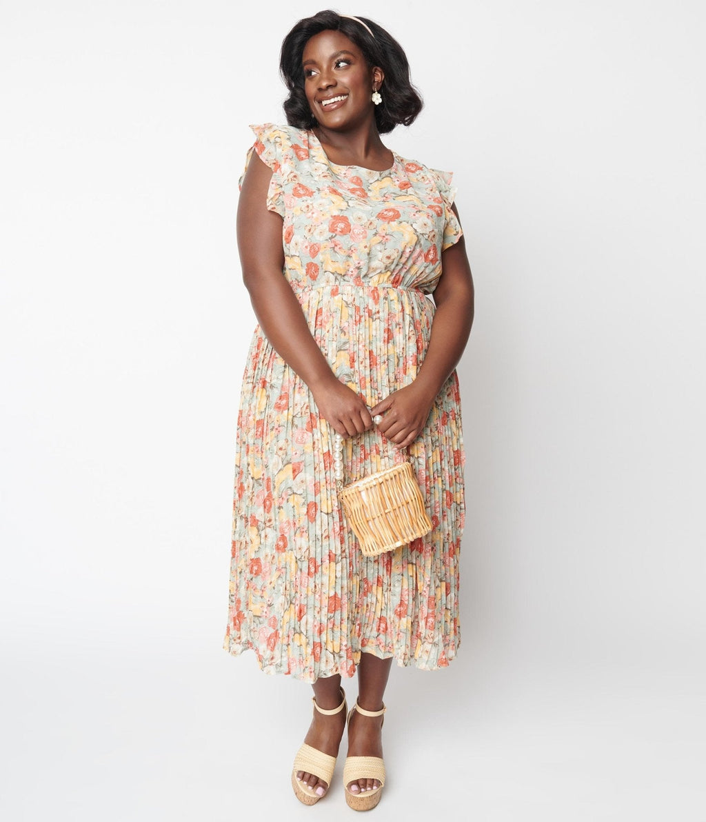  Sage Floral Pleated Midi Dress