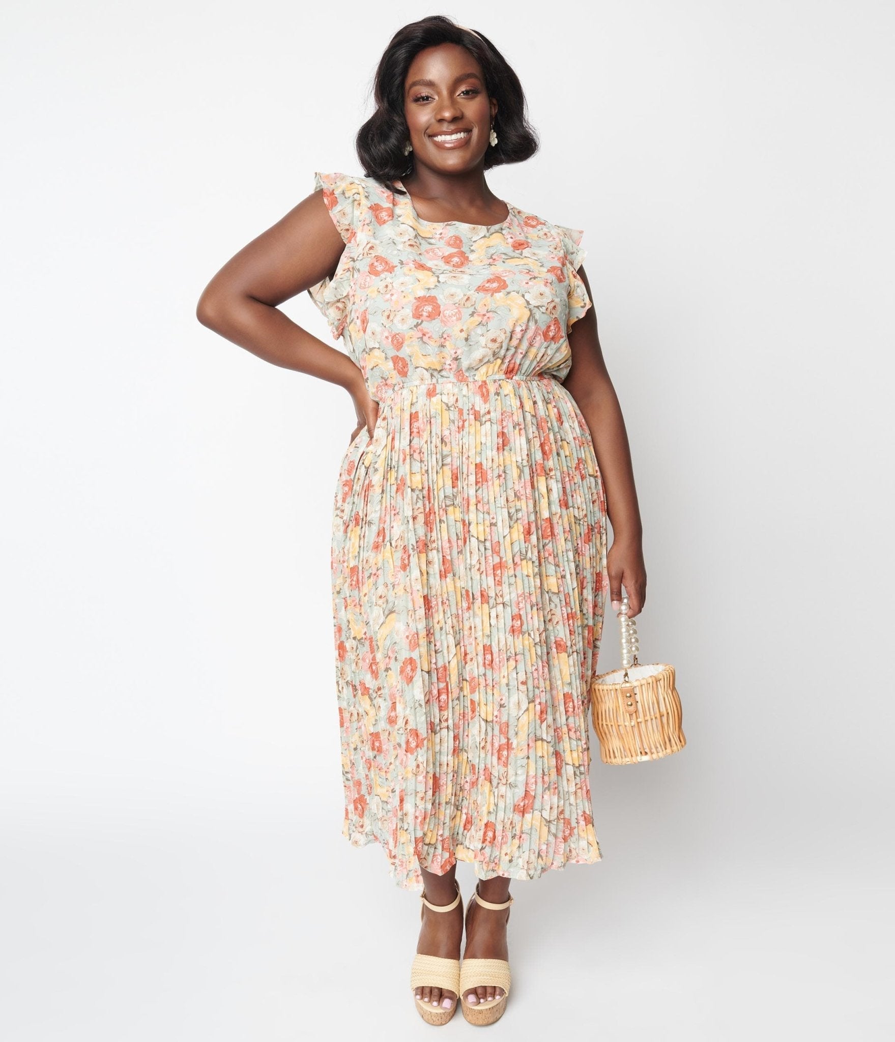  Sage Floral Pleated Midi Dress