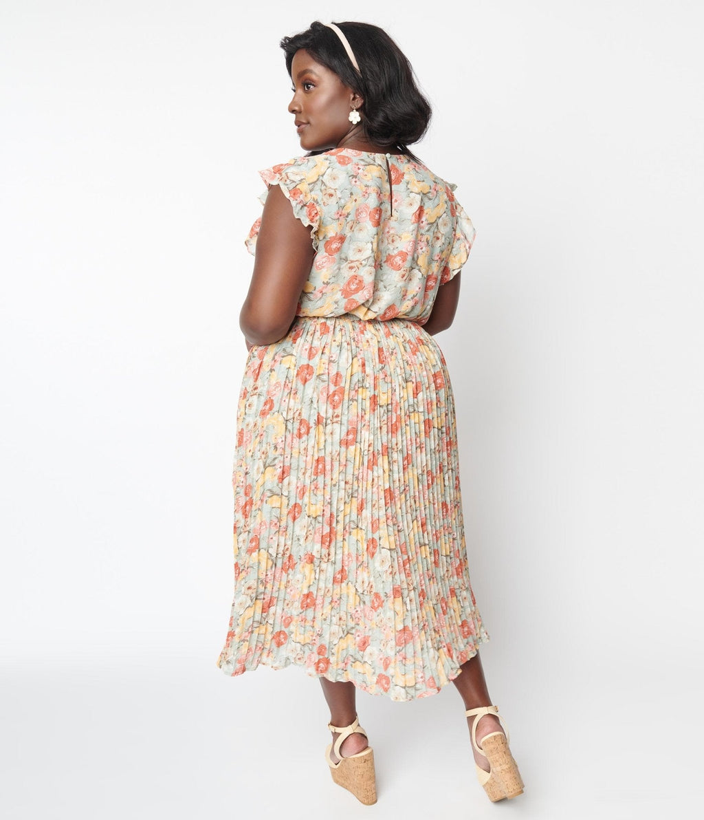  Sage Floral Pleated Midi Dress