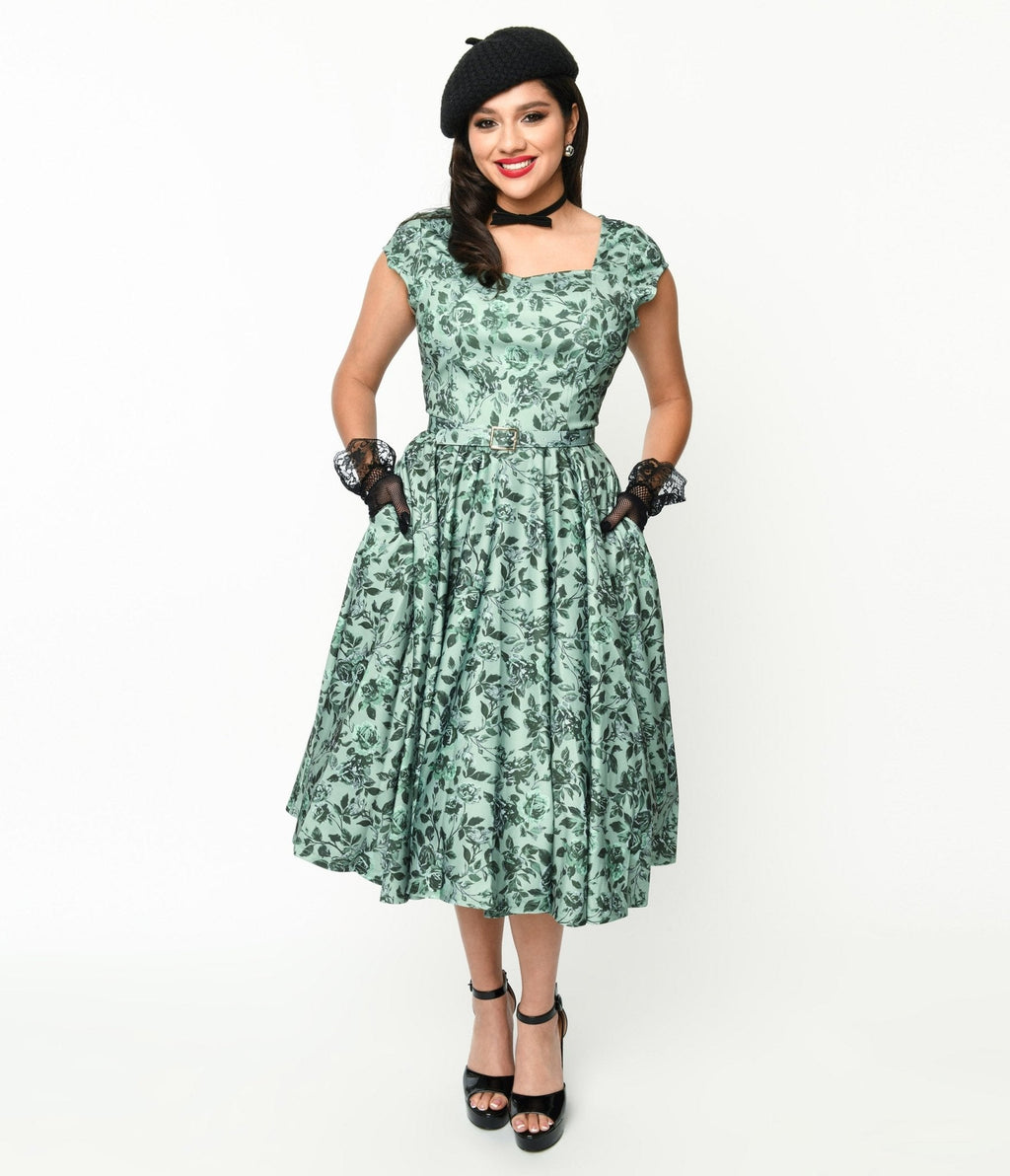  Sage Green & Green Floral Cosmopolitan Swing Dress