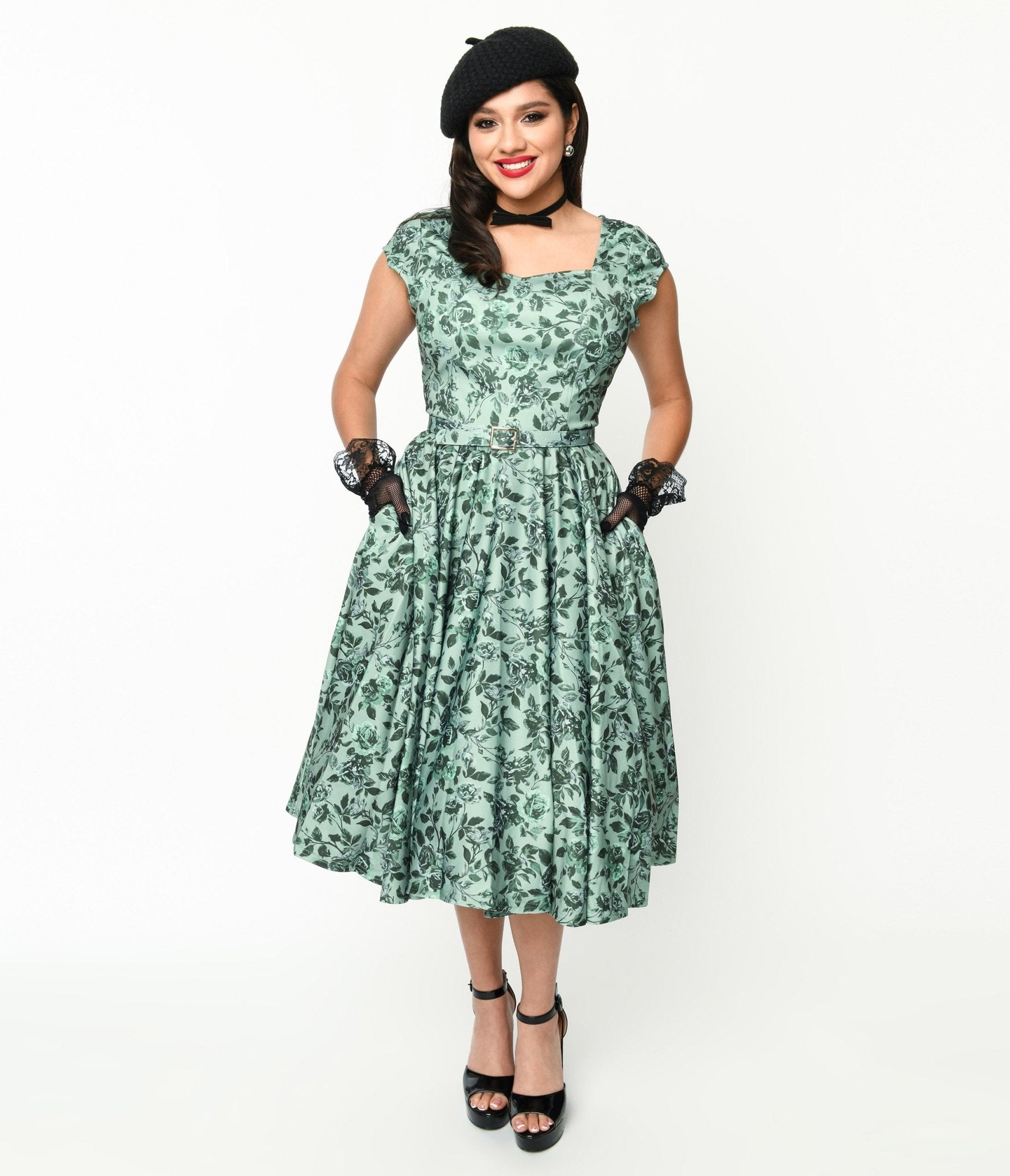  Sage Green & Green Floral Cosmopolitan Swing Dress