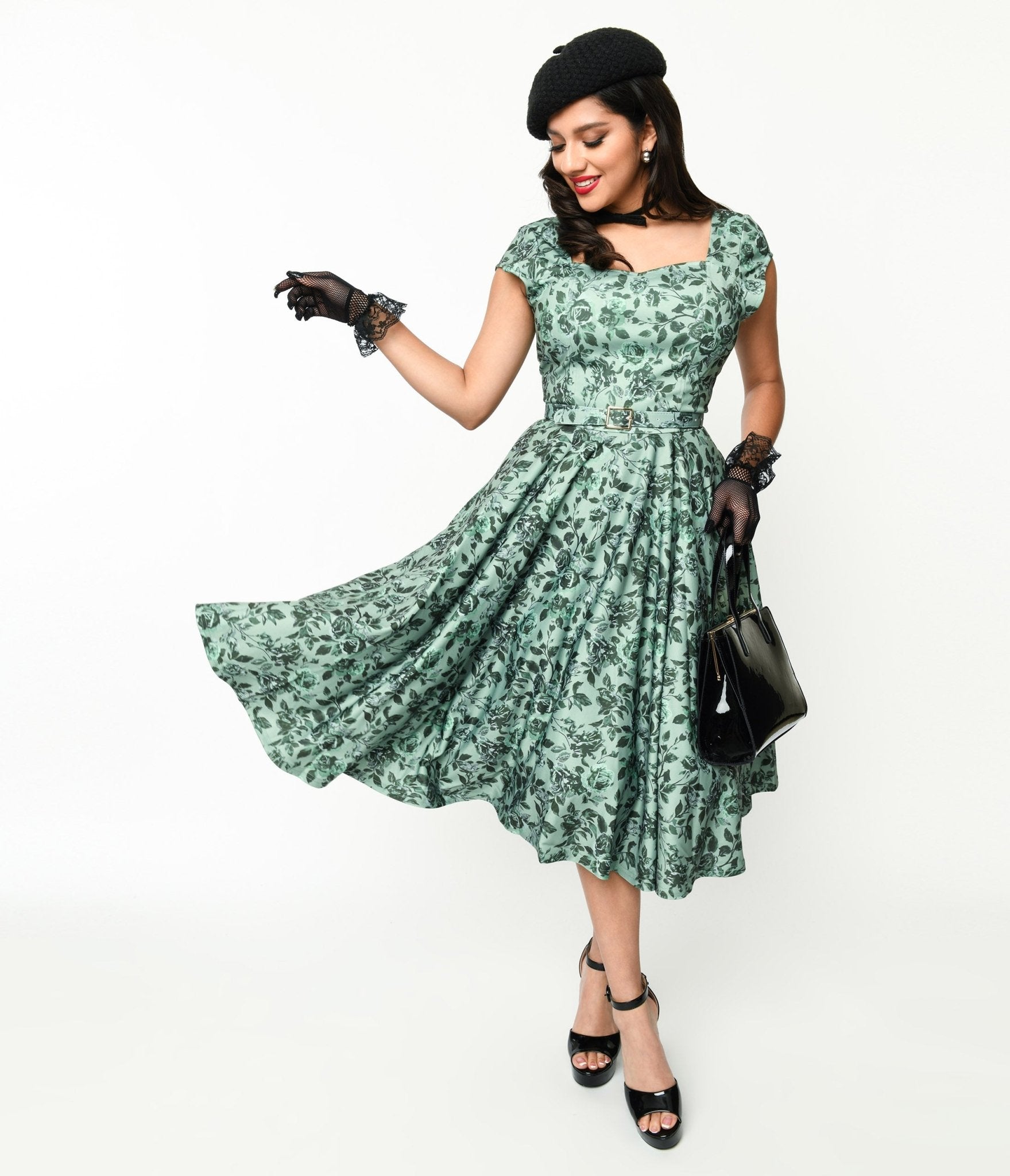  Sage Green & Green Floral Cosmopolitan Swing Dress