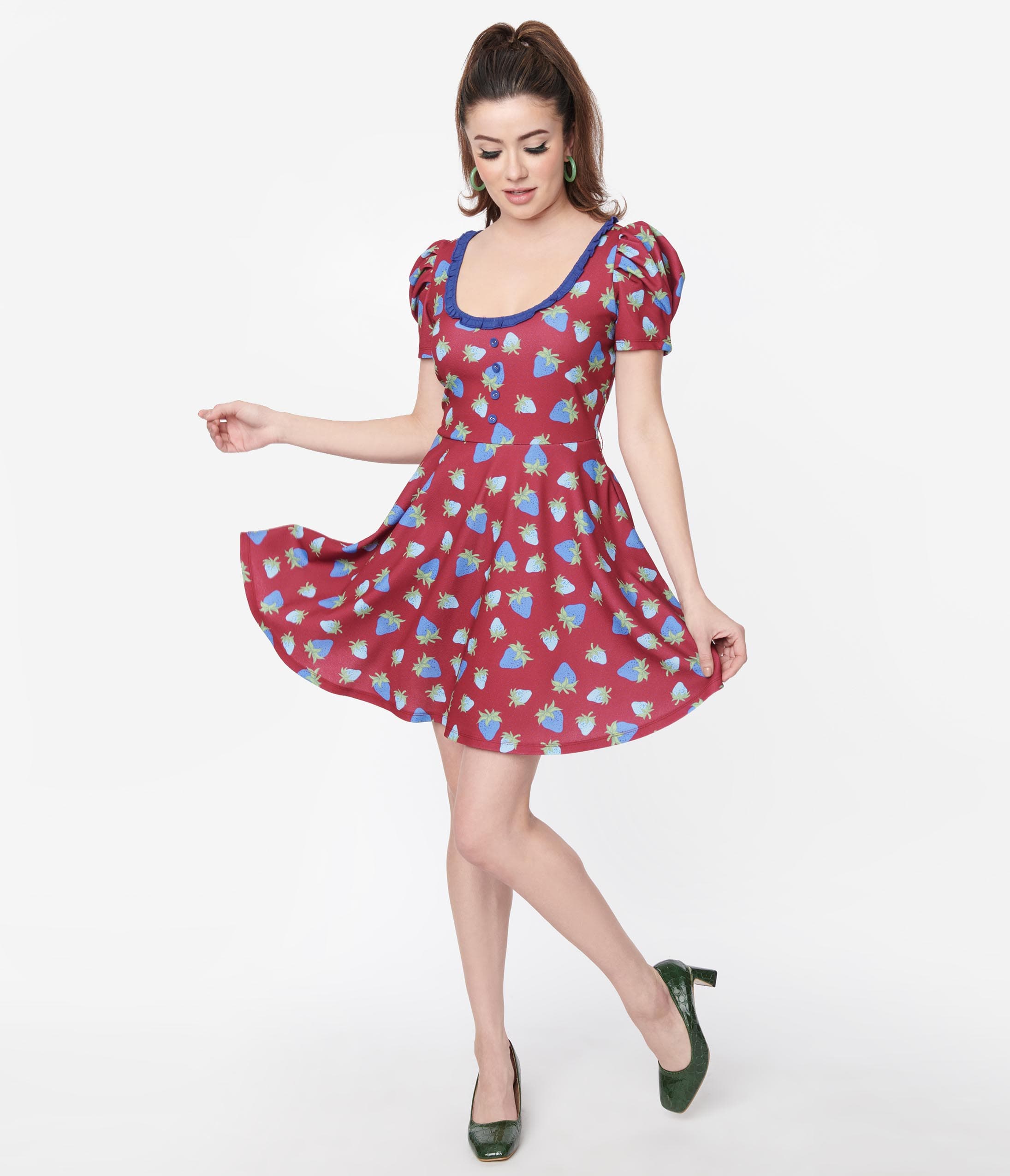  Smak Parlour Burgundy & Blue Strawberry Group Chat Flare Dress