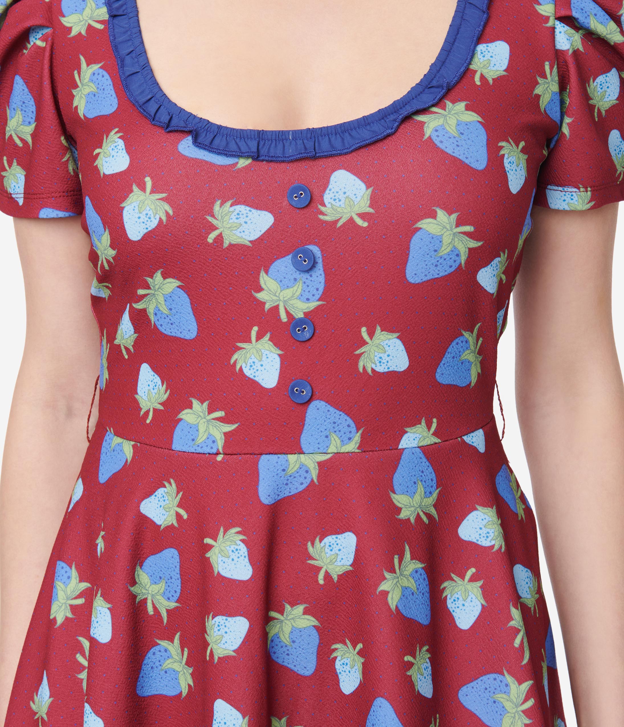  Smak Parlour Burgundy & Blue Strawberry Group Chat Flare Dress