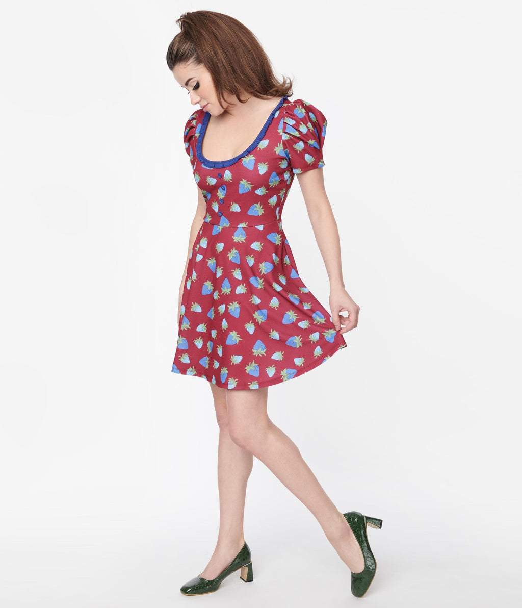  Smak Parlour Burgundy & Blue Strawberry Group Chat Flare Dress