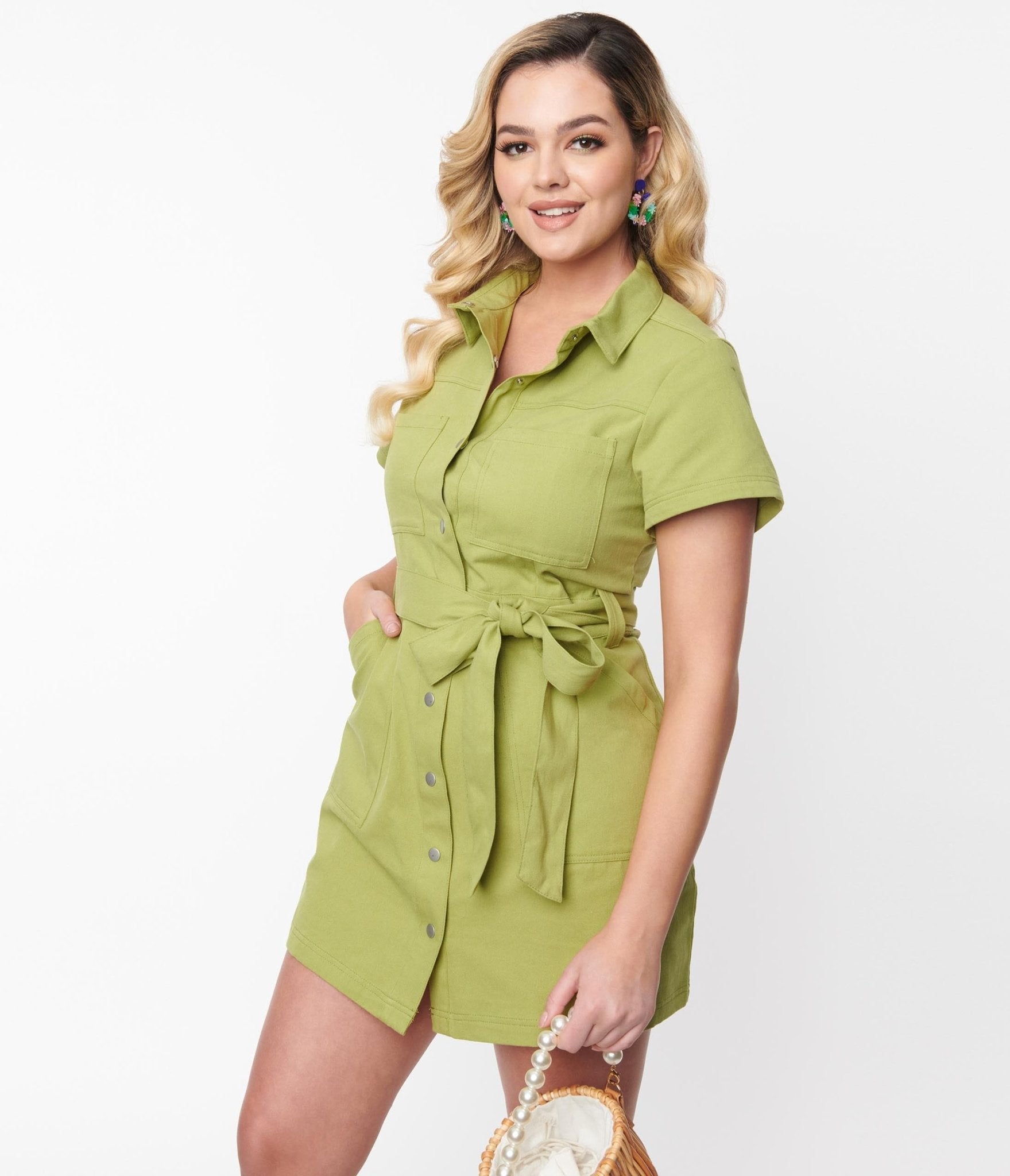  Spring Green Denim Belted Shift Dress