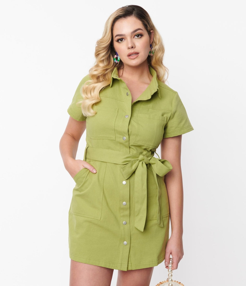  Spring Green Denim Belted Shift Dress