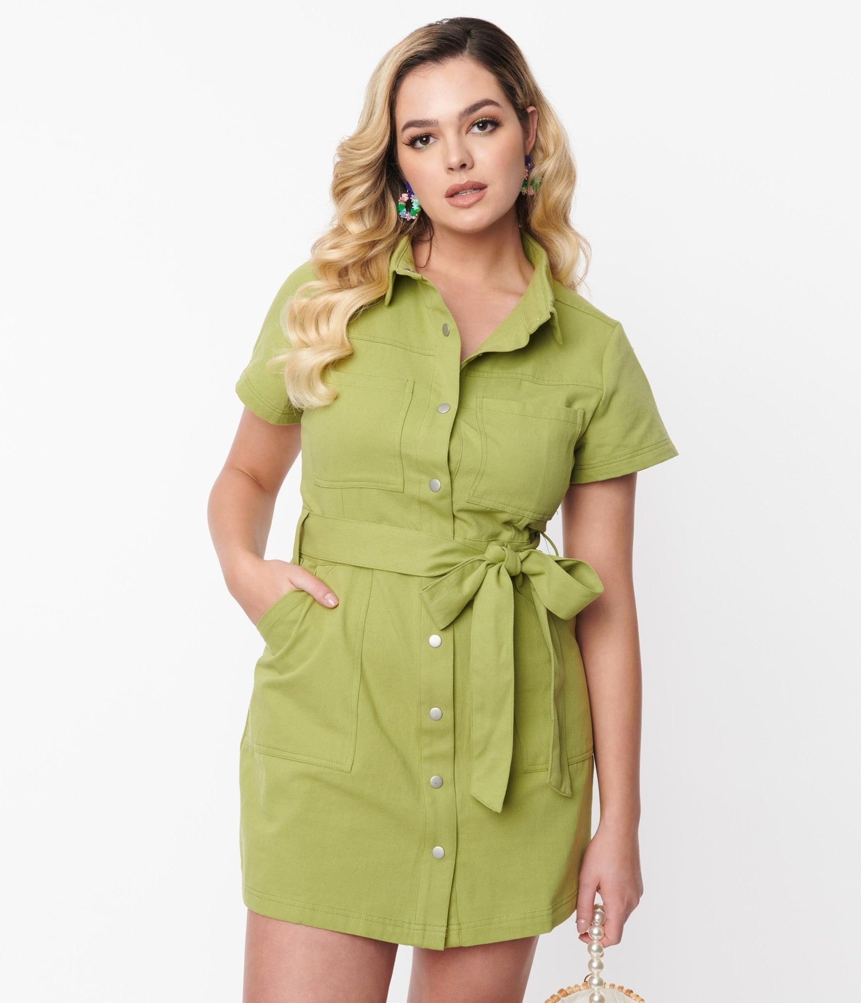  Spring Green Denim Belted Shift Dress