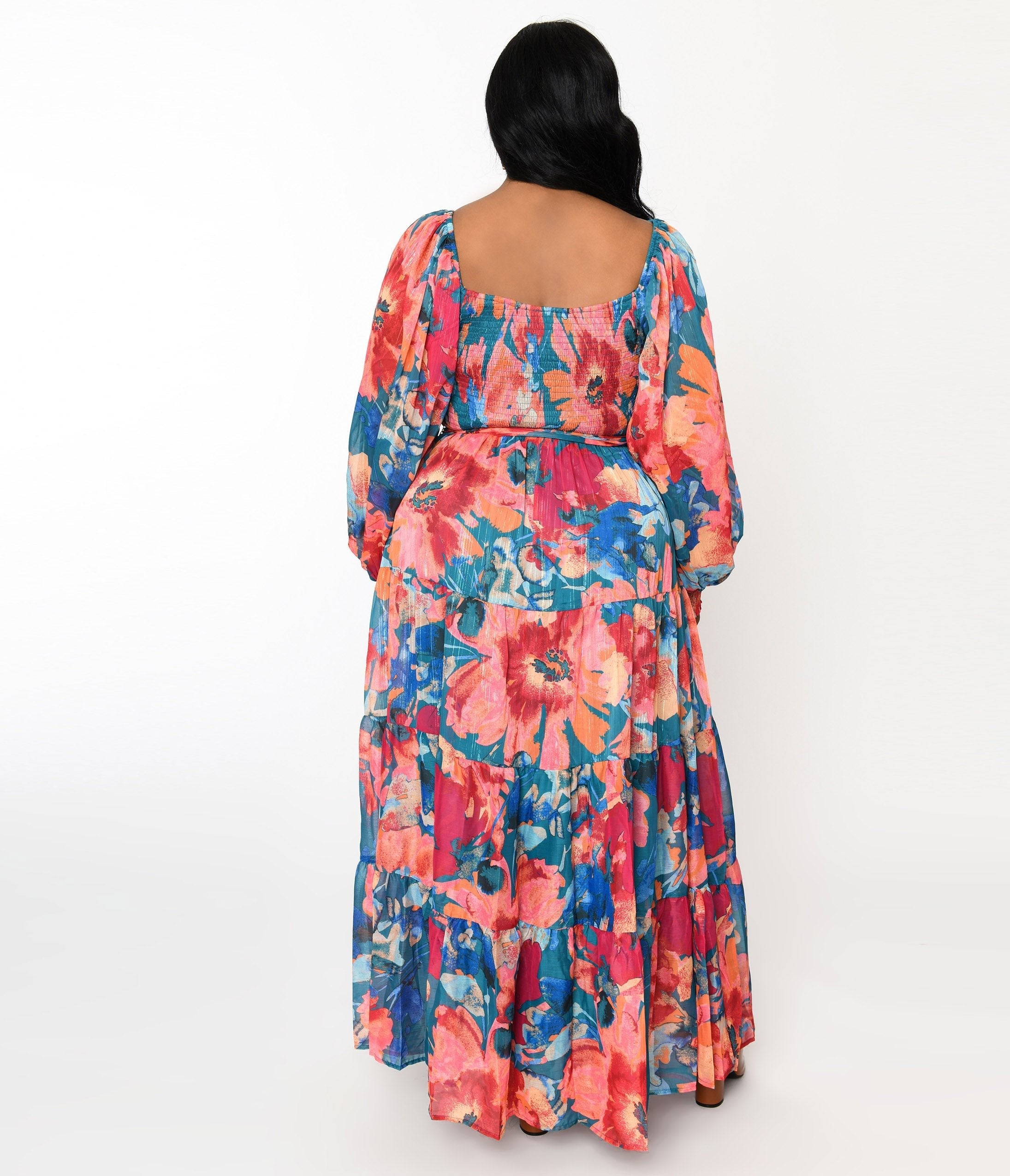  Teal & Coral Floral Maxi Dress