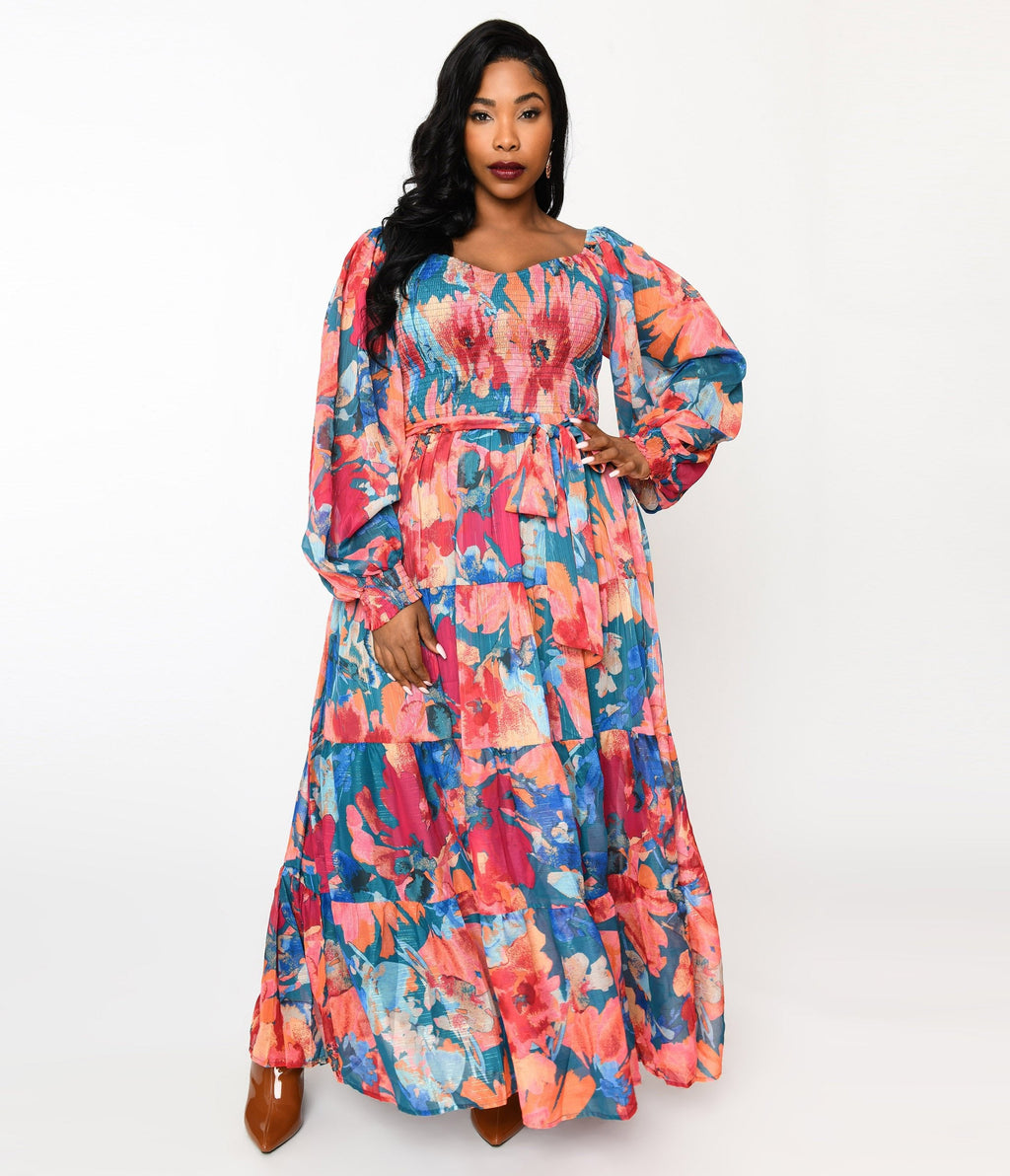  Teal & Coral Floral Maxi Dress