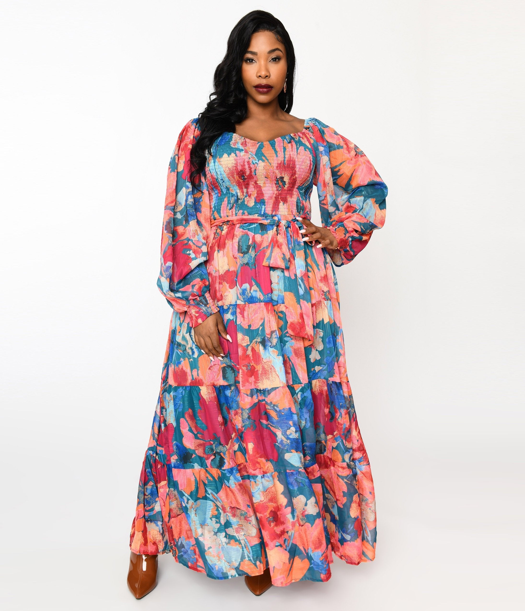  Teal & Coral Floral Maxi Dress