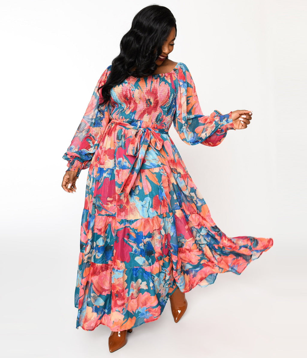  Teal & Coral Floral Maxi Dress