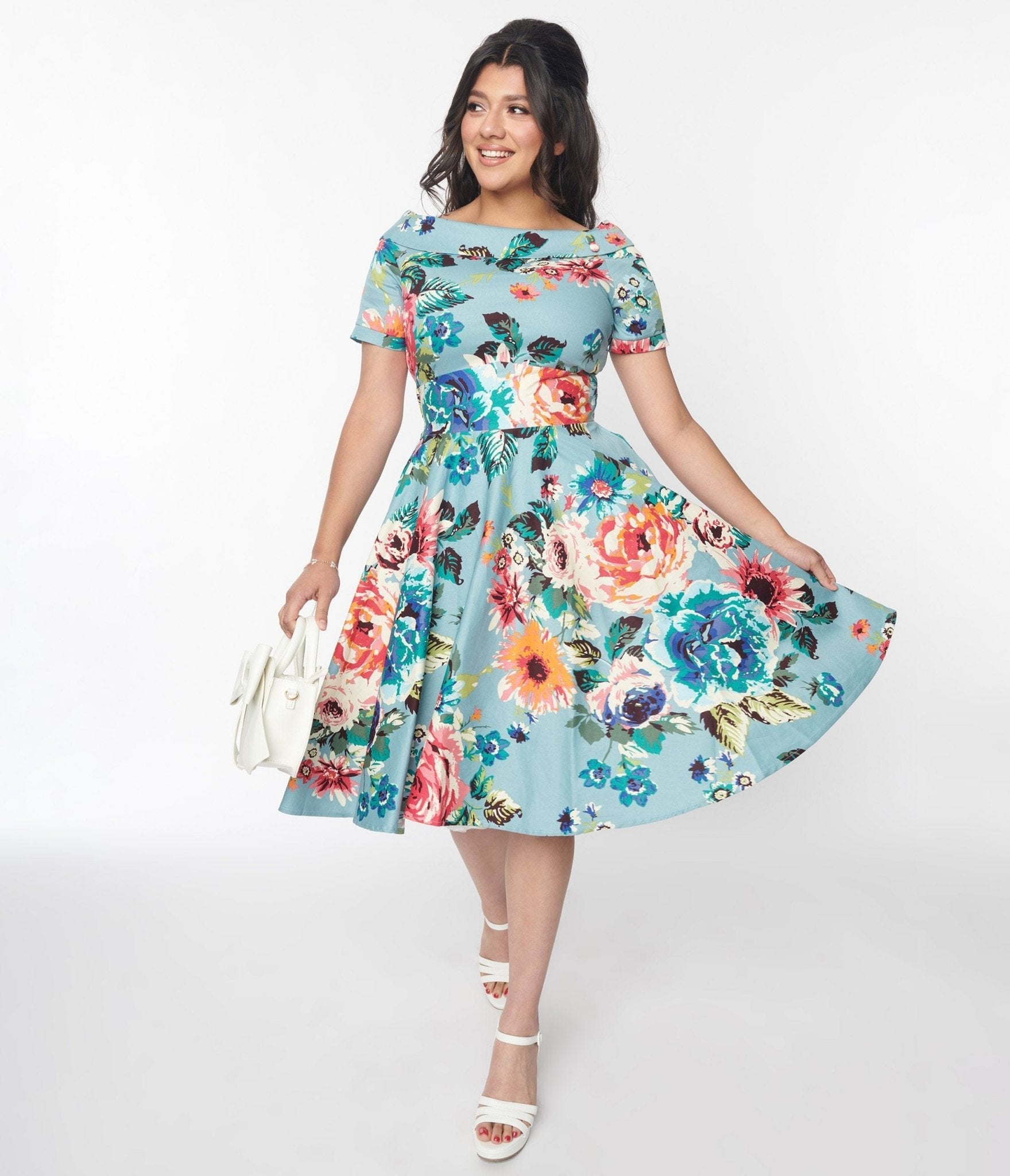  Teal & Multicolor Floral Swing Dress