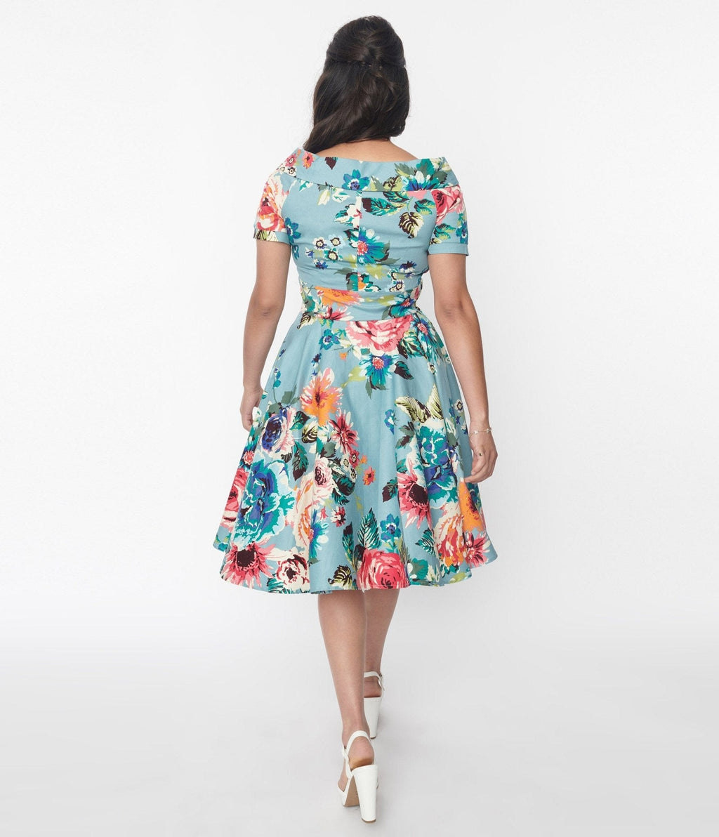  Teal & Multicolor Floral Swing Dress